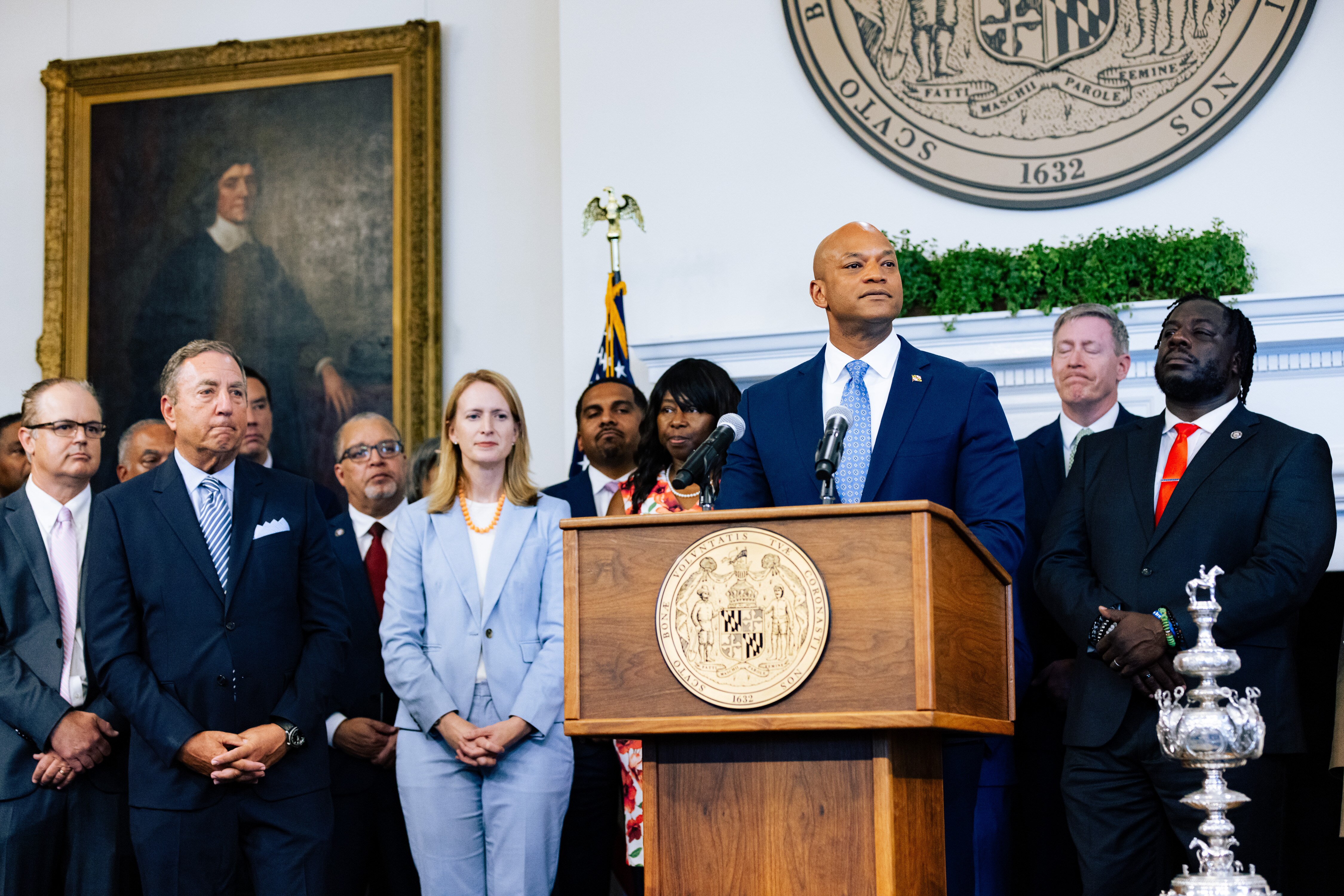 Gov. Wes Moore speaks during a press conference announcing changes to the Preakness schedule at the State House Annapolis on Wednesday.