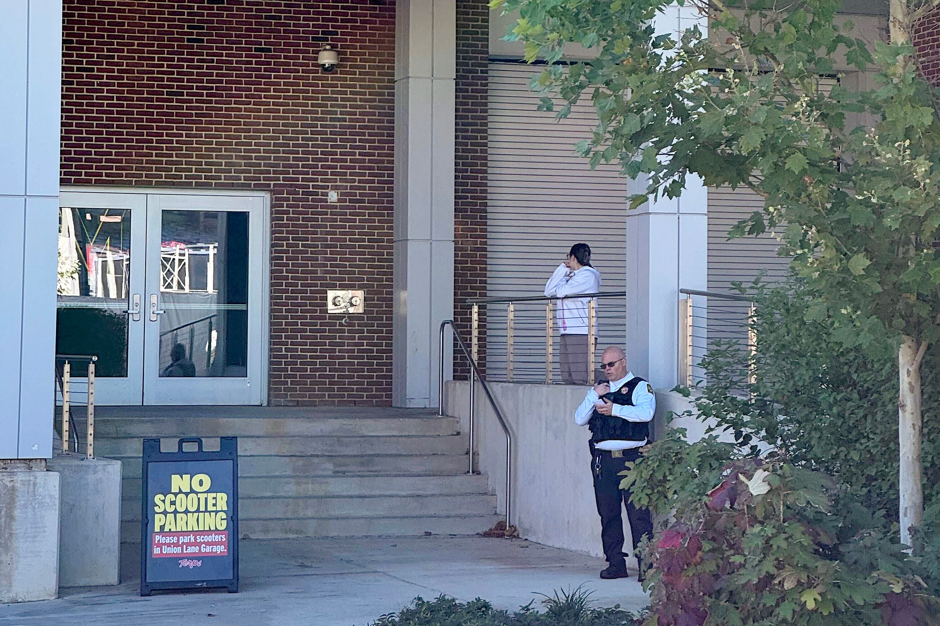 WEDNESDAY, OCTOBER, 21, 2026 - An officer stands by the Jones-Hill House at University of Maryland College Park after approaching student journalists on Wednesday.