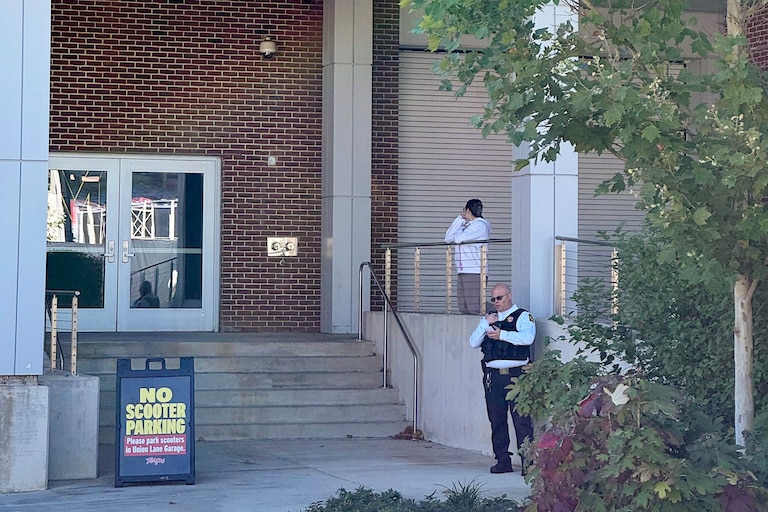 WEDNESDAY, OCTOBER, 21, 2026 - An officer stands by the Jones-Hill House at University of Maryland College Park after approaching student journalists on Wednesday.