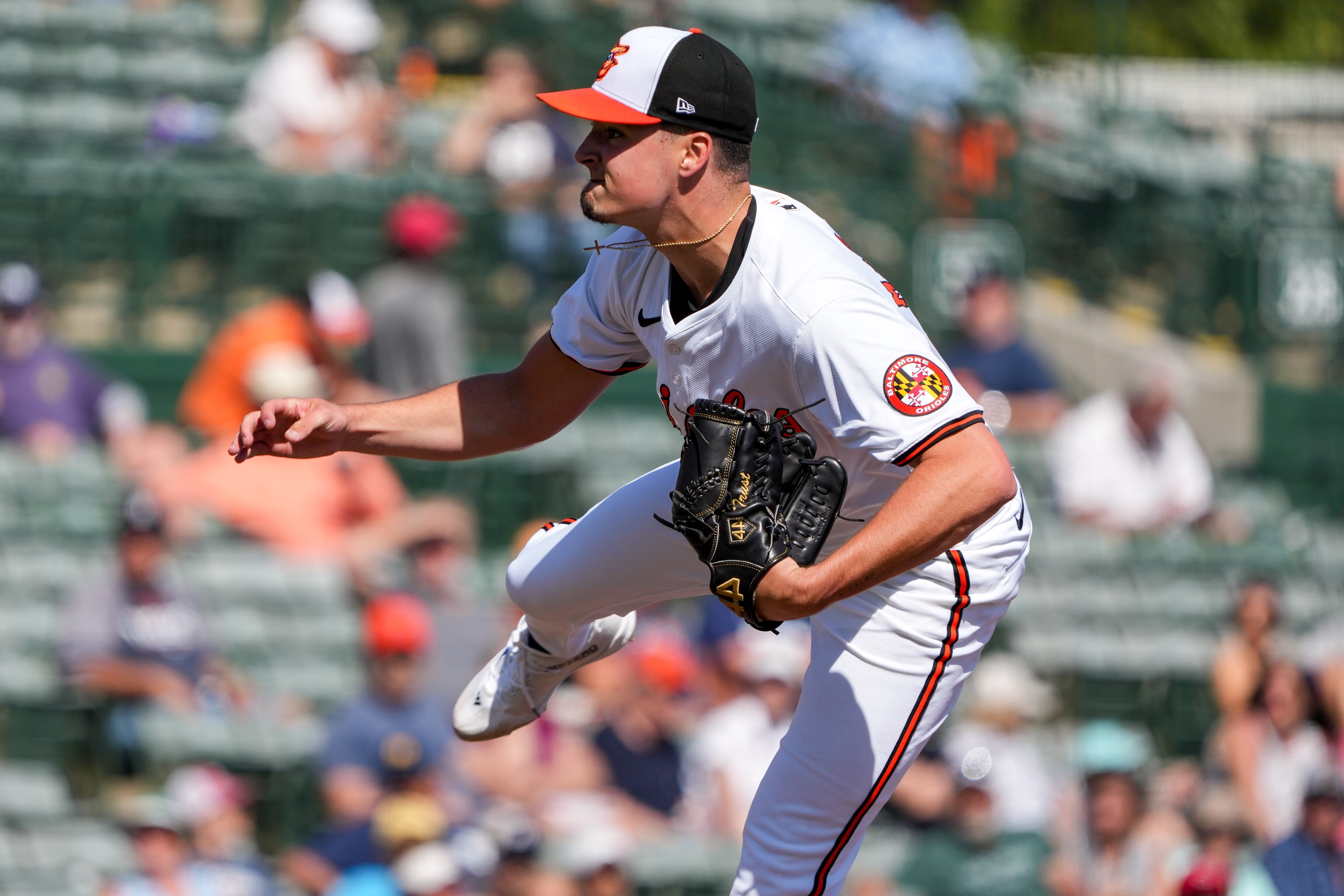 Baltimore Orioles relief pitcher Chayce McDermott (97) delivers a pitch against the Detroit Tigers during a Grapefruit League game at Ed Smith Stadium on Feb. 27, 2024.
