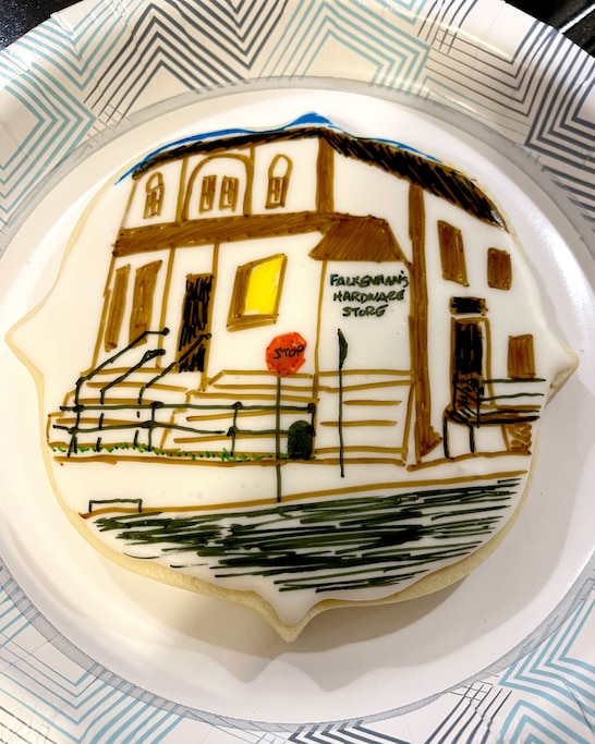 A decorated sugar cookie portrait of Falkenhan's, made by Joyce Trigger for Debbie Falkenhan last Christmas.