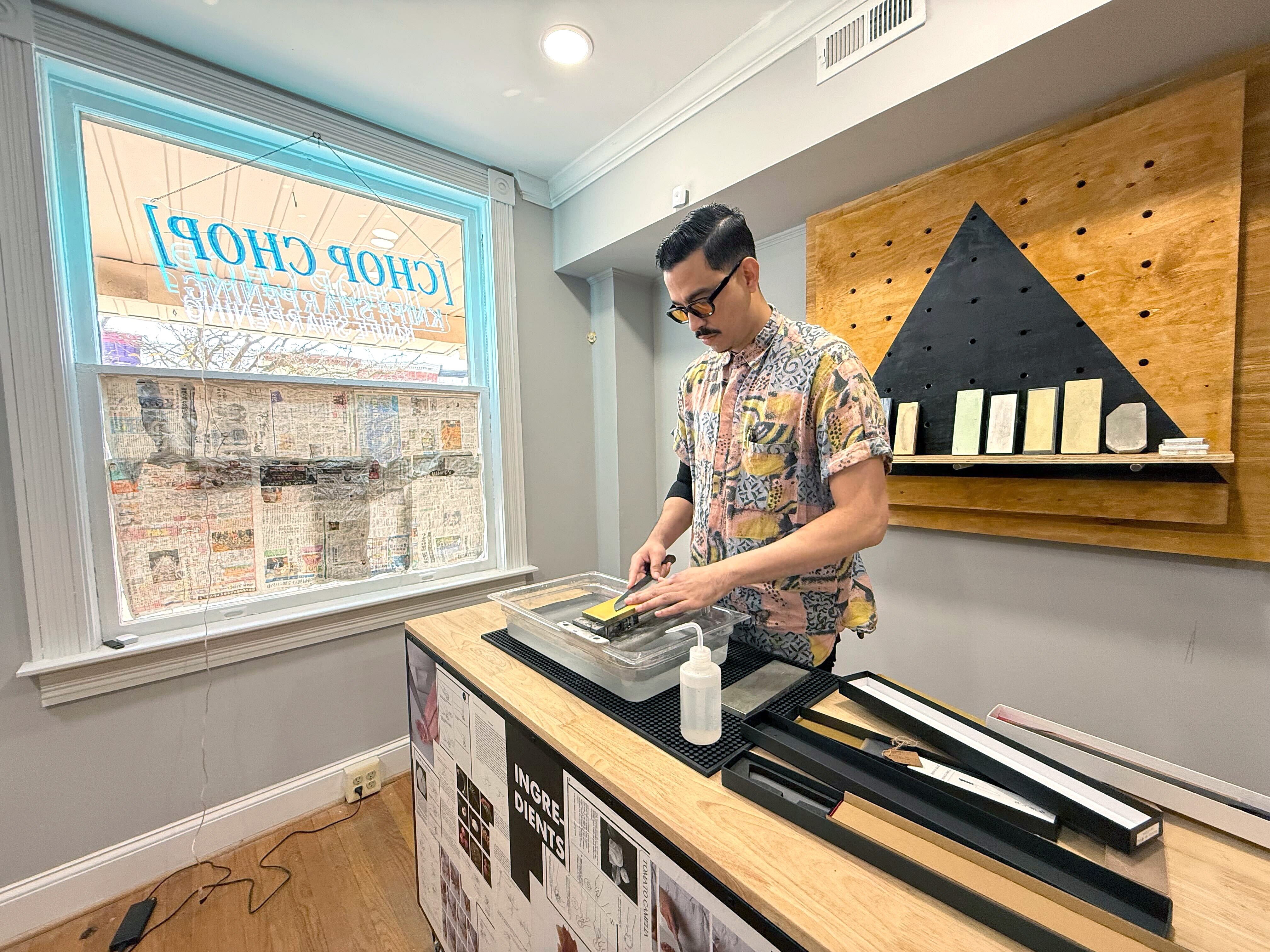 Ozzie Mendoza, co-owner of Chop Chop in Hampden. An offshoot of D.C.’s District Cutlery, the business offers knife sharpening services using traditional Japanese methods. The business is at 828 W. 36th Street in Hampden.