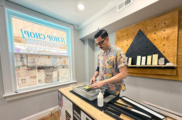 Ozzie Mendoza, co-owner of Chop Chop in Hampden. An offshoot of D.C.’s District Cutlery, the business offers knife sharpening services using traditional Japanese methods. The business is at 828 W. 36th Street in Hampden.