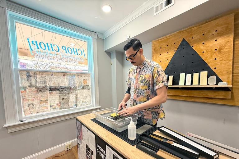 Ozzie Mendoza, co-owner of Chop Chop in Hampden. An offshoot of D.C.’s District Cutlery, the business offers knife sharpening services using traditional Japanese methods. The business is at 828 W. 36th Street in Hampden.