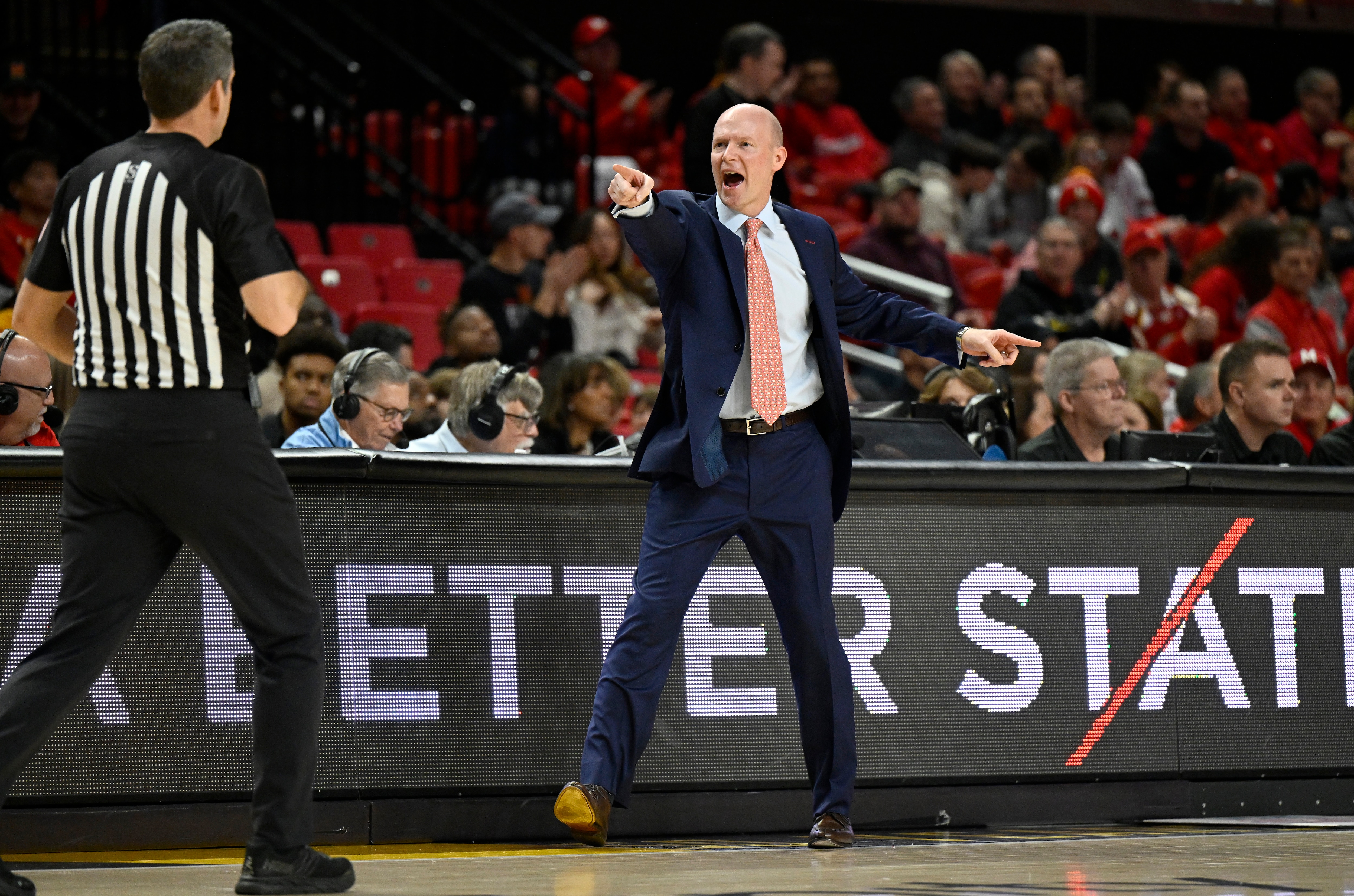 COLLEGE PARK, MARYLAND - JANUARY 08: Head coach Kevin Willard of the Maryland Terrapins reacts after getting a technical foul in the first half against the Ohio State Buckeyes at Xfinity Center on January 08, 2023 in College Park, Maryland. (Photo by Greg Fiume/Getty Images)