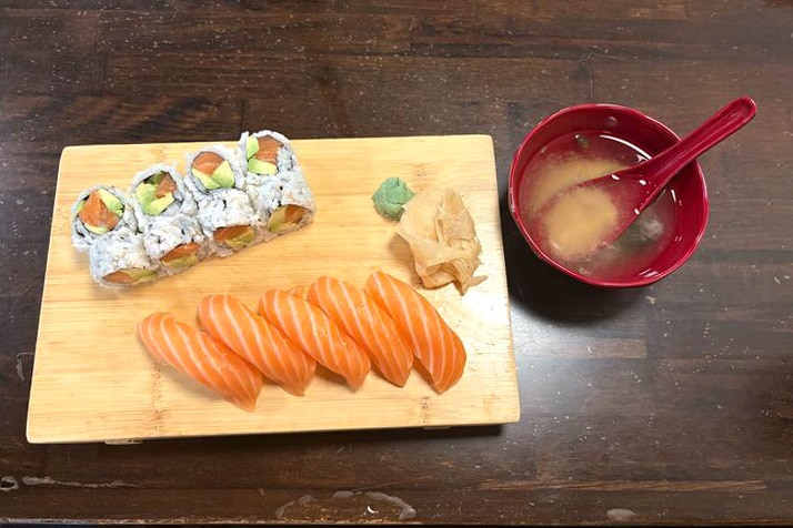 The salmon lunch special at Sushi Q6 Normandy in Ellicott City includes soup, five pieces of salmon nigiri and a salmon avocado roll.