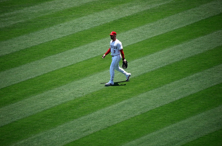 Taylor Ward walks in the outfield before a Los Angeles Angels game against the Athletics on June 11.