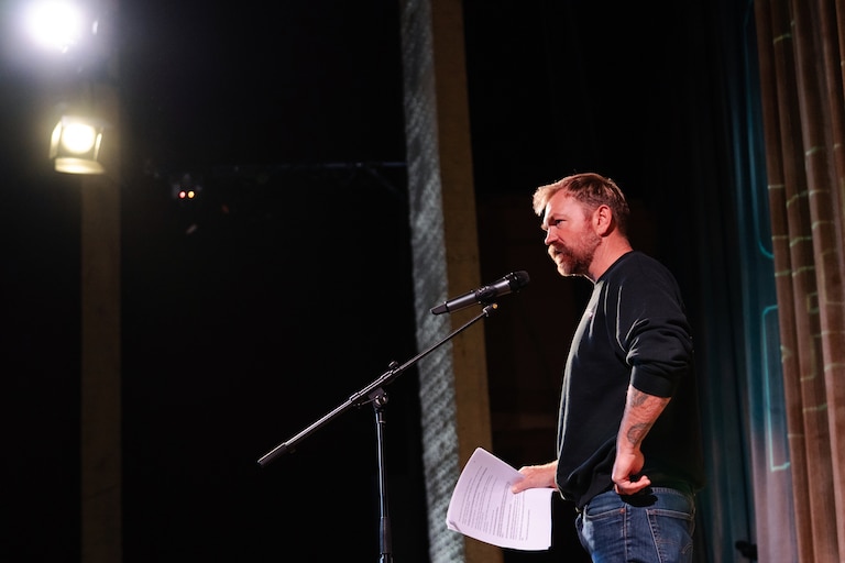 U.S. senatorial candidate from Maine Graham Platner speaks at a town hall at the Leavitt Theater on October 22, 2025 in Ogunquit, Maine.