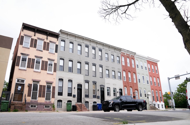 A block of rowhomes in the process of being renovated in the 300 block of N. Gilmor Ave in Baltimore, Md. on Friday, May 9, 2025.