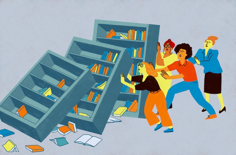 Illustration of three bookcases tipping back from left to right, books falling off the shelves, and four librarians standing on right side of shelves trying to keep them from falling.