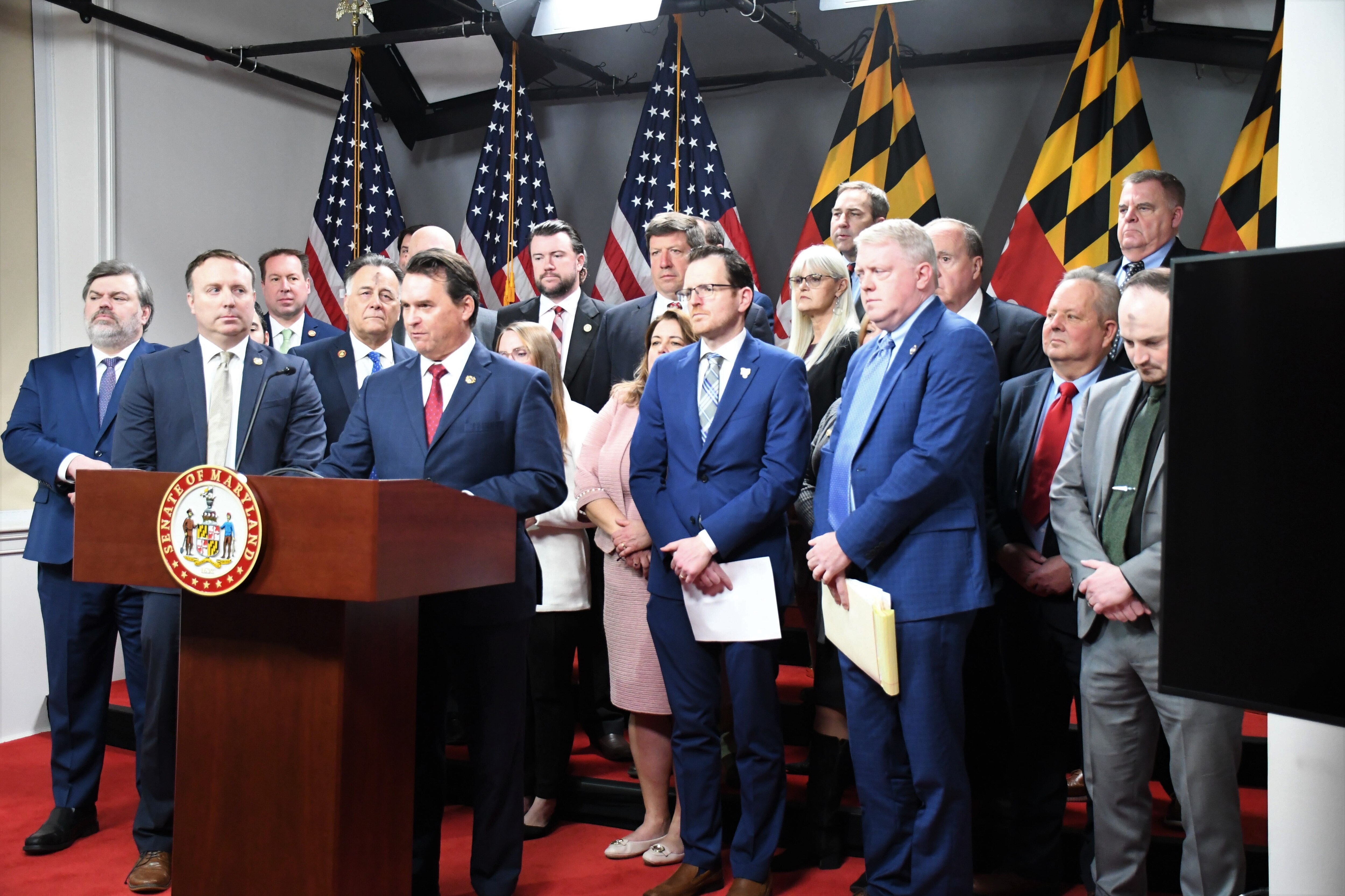 Republican state lawmakers hold a news about education issues during a press conference with Republican lawmakers in Annapolis on Wednesday, Feb. 22, 2023.