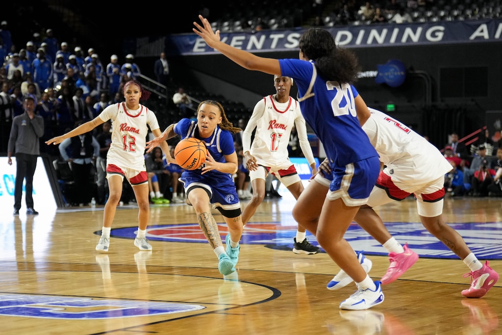 Fayetteville State’s Talia Trotter (30) dribbles past Winston-Salem defenders in the first quarter of the CIAA Women’s championship game in Baltimore, Md., on Saturday, February 28, 2026.