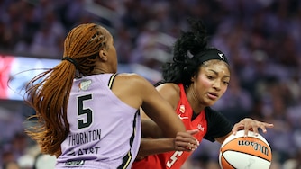 SAN FRANCISCO, CALIFORNIA - OCTOBER 17: Angel Reese #5 of the Atlanta Dream is defended by Kayla Thornton #5 of the Golden State Valkyries during the first quarter in game one of the WNBA Finals at Chase Center on October 17, 2026 in San Francisco, California. NOTE TO USER: User expressly acknowledges and agrees that, by downloading and or using this photograph, User is consenting to the terms and conditions of the Getty Images License Agreement. (Photo by Ezra Shaw/Getty Images)