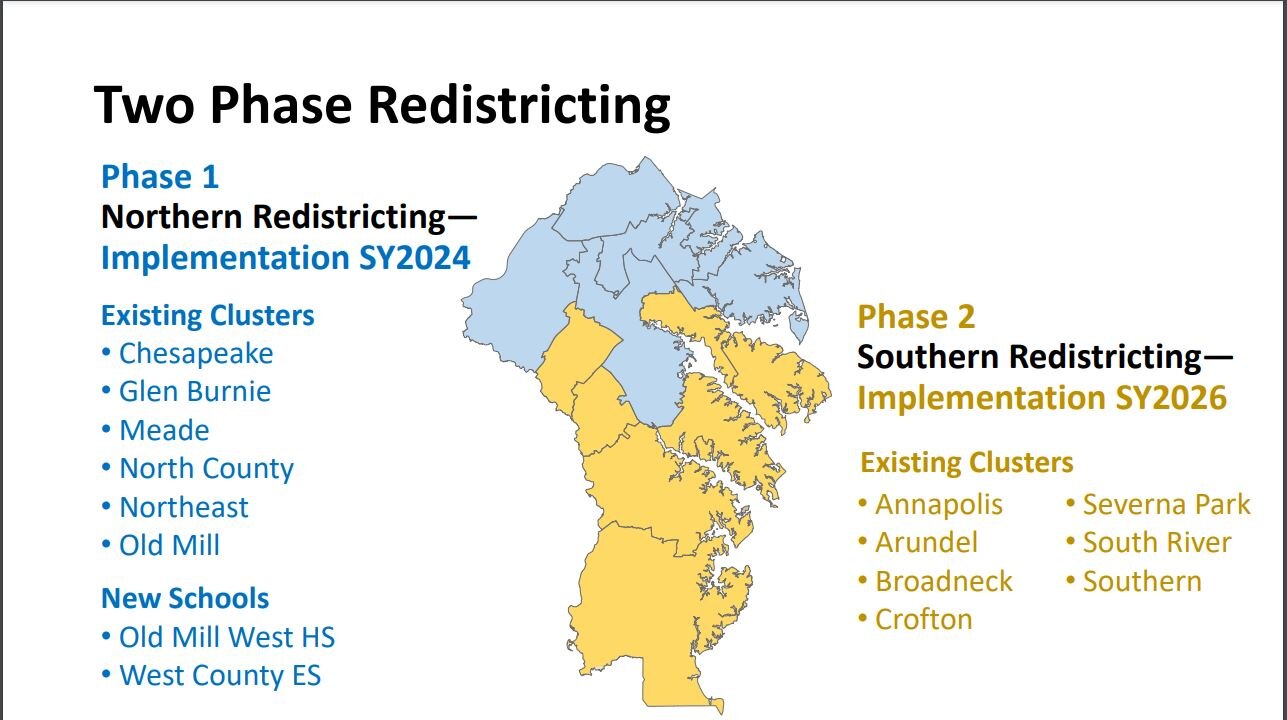 A map shows how the two-phase redistricting will take place. (Anne Arundel County Public Schools)