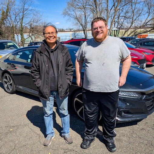 Nupur Chowdhury, left, 54, and Jeffrey Sweetland, 43, outside a meeting of the DMV Drivers Alliance in Alexandria, Va. Chowdhury and Sweetland are both frustrated that drivers aren't seeing an increase in their pay as gas prices tick up.