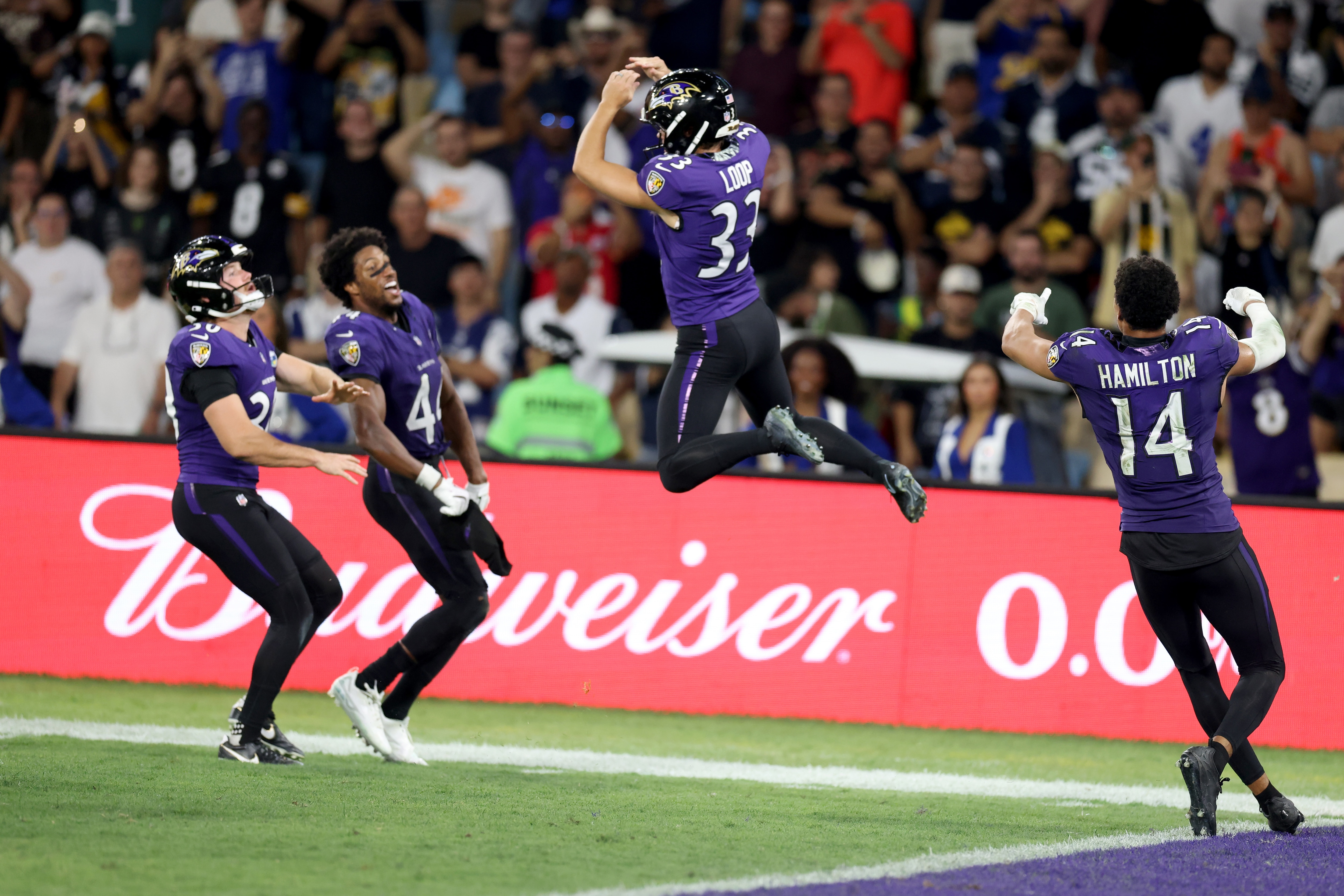 Ravens kicker Tyler Loop hits the “SIU” celebration with teammates after a game-winning 56-yard field goal to beat the Cowboys in the first NFL game ever played in Rio De Janeiro on Sunday. 