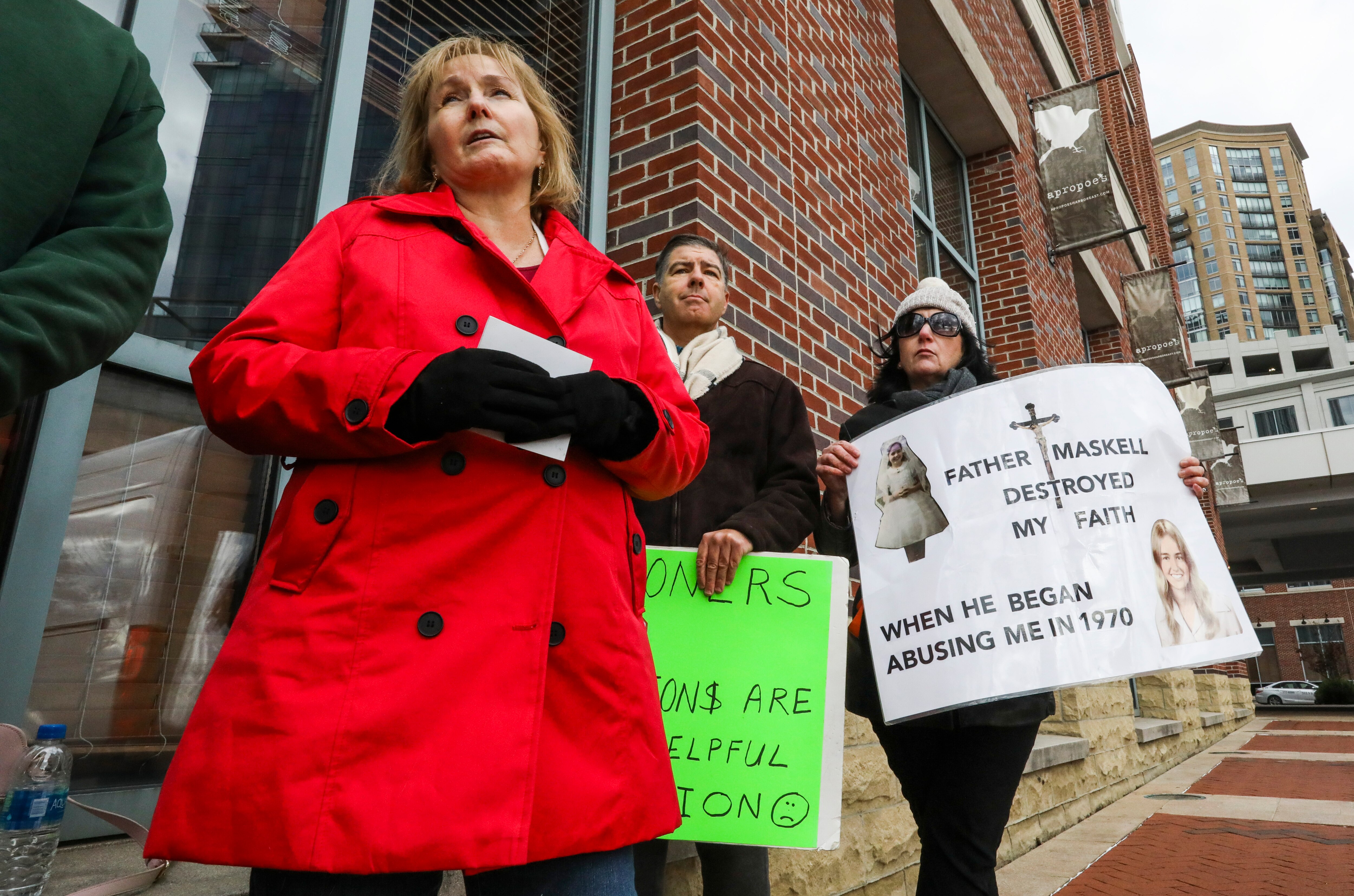 Survivors Network of those Abused by Priests (SNAP) Maryland member Teresa Lancaster during a press conference held outside of the Marriott to urge newly elected Archbishop Timothy Broglio to add clerics who abused men or women over the age of 25 to its list of perpetrators.