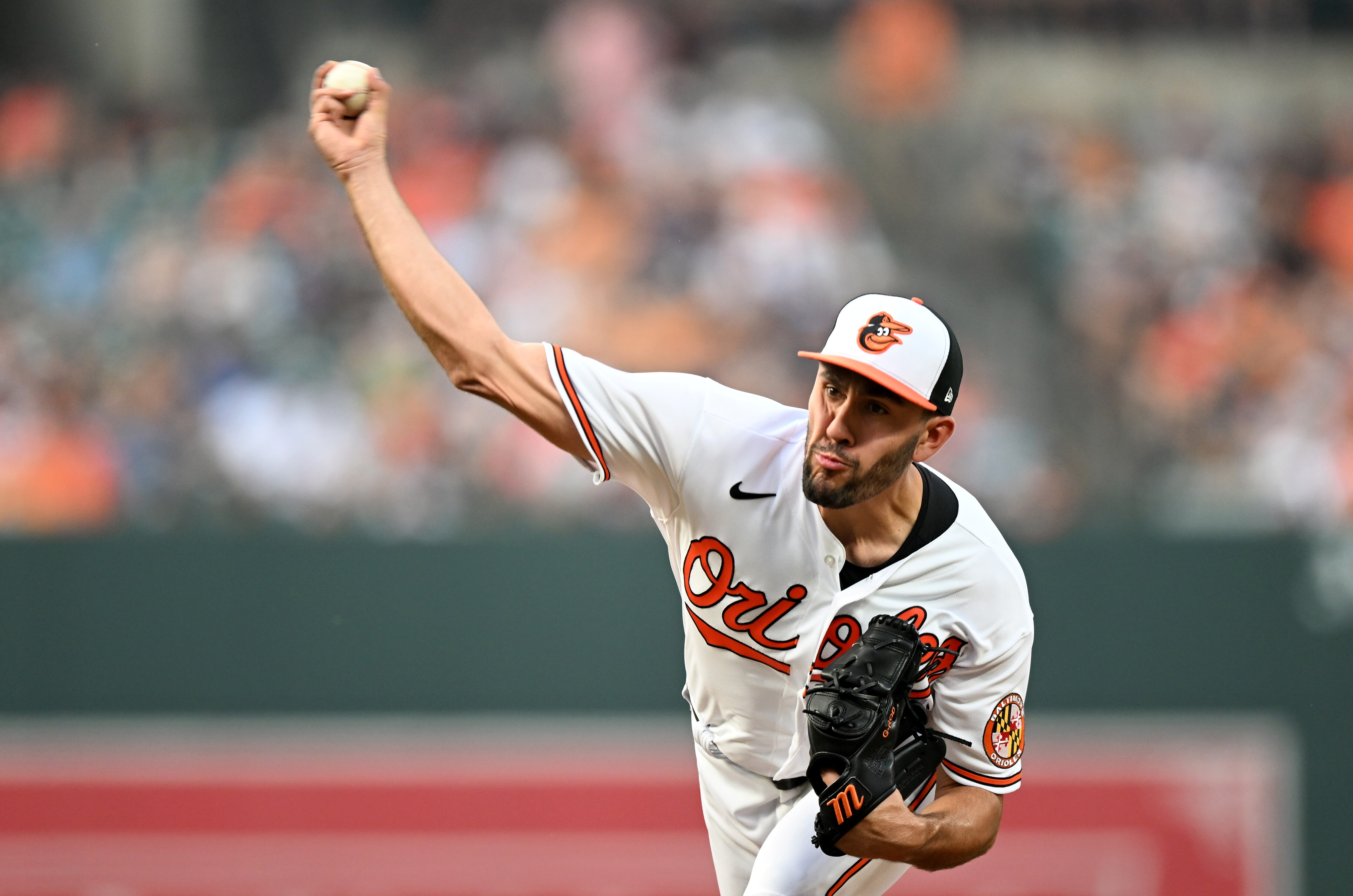 Grayson Rodriguez, No. 30 of the Baltimore Orioles, pitches in the second inning against the Los Angeles Dodgers at Oriole Park at Camden Yards on July 17, 2023 in Baltimore, Maryland.