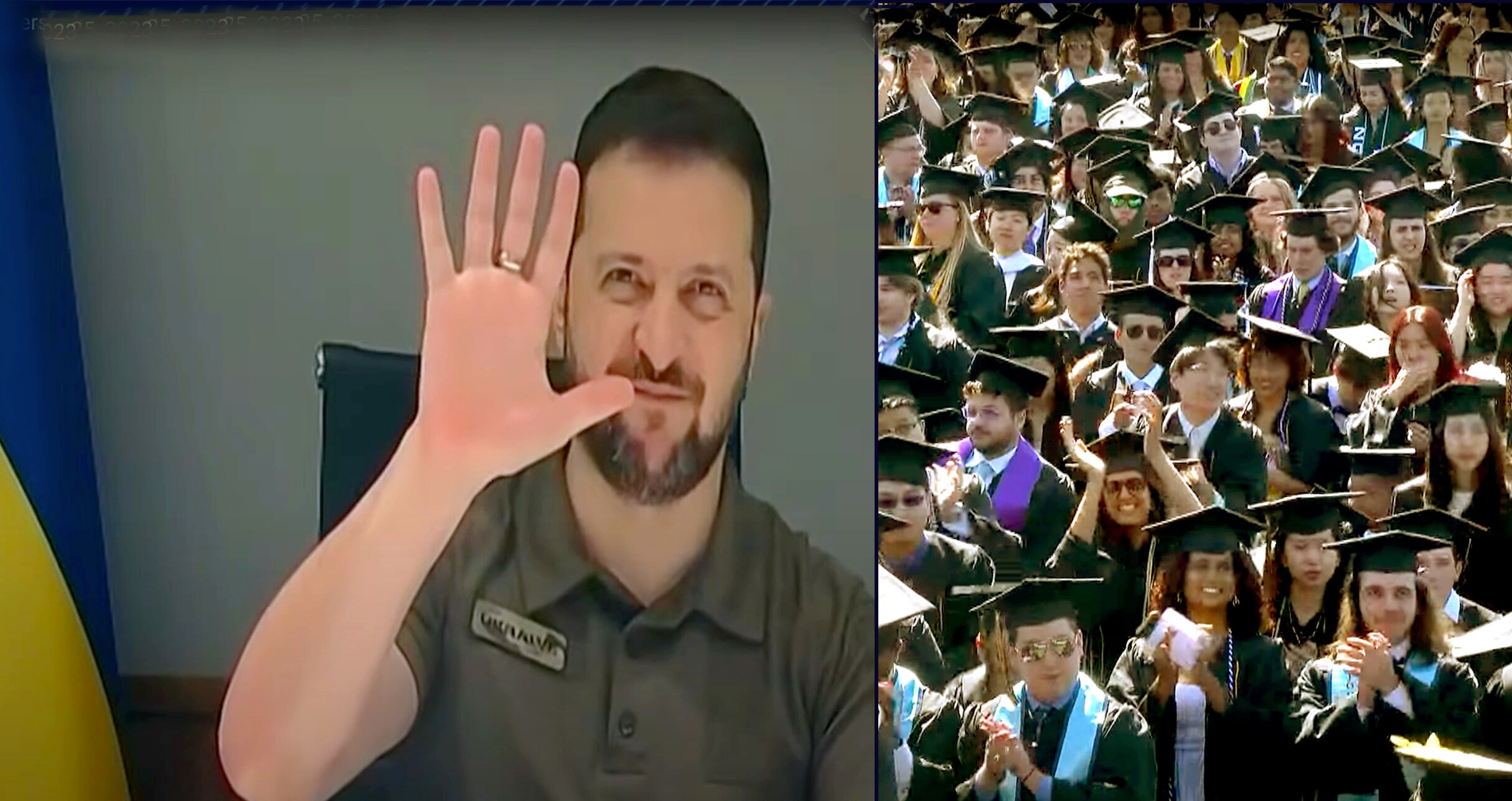 Ukrainian President Volodymyr Zelenskyy delivered a surprise address to graduates to an applauding Johns Hopkins University’s commencement ceremony via livestream Thursday morning.