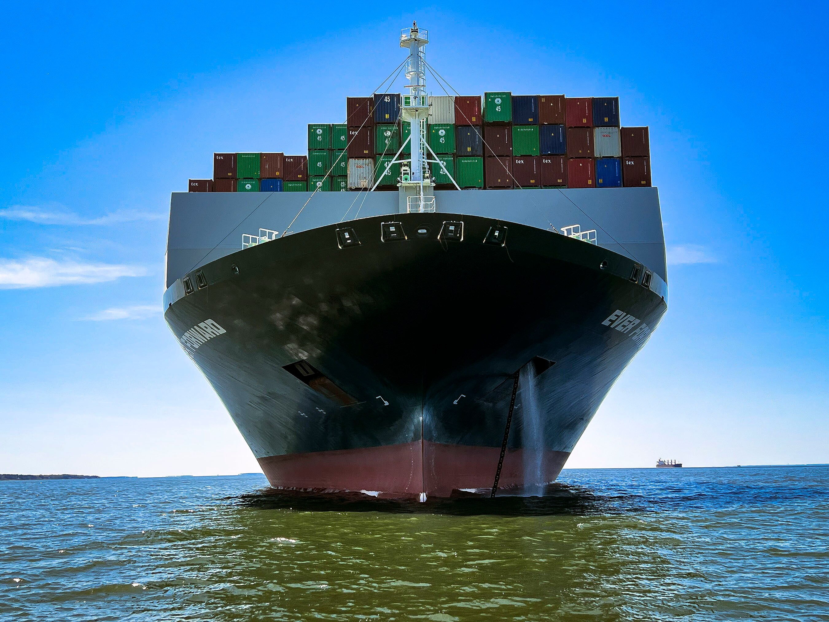 The container ship Ever Forward grounded in the Chesapeake Bay outside the Craighill Channel near Annapolis in the spring of 2022. The owners have agreed to pay for oyster beds destroyed in the accident.