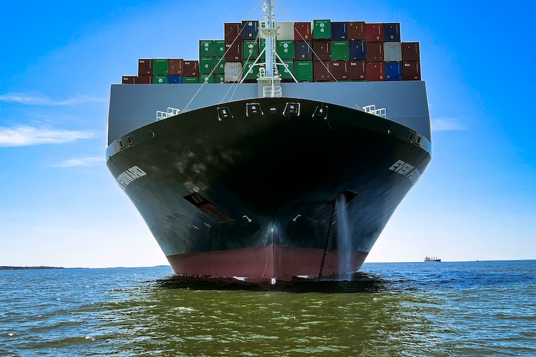 The container ship Ever Forward grounded in the Chesapeake Bay outside the Craighill Channel near Annapolis in the spring of 2022. The owners have agreed to pay for oyster beds destroyed in the accident.