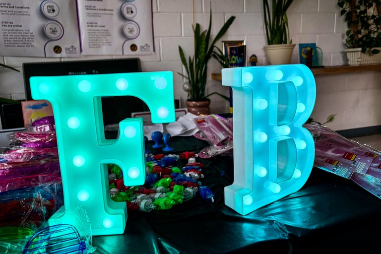 Light-up supplies — and F and a B for the name of the center — for a TikTok party at the Farring Baybrook Recreation Center on June 13, 2025.