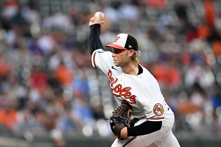 Orioles right-hander Shane Baz in the first inning against the Chicago Cubs.