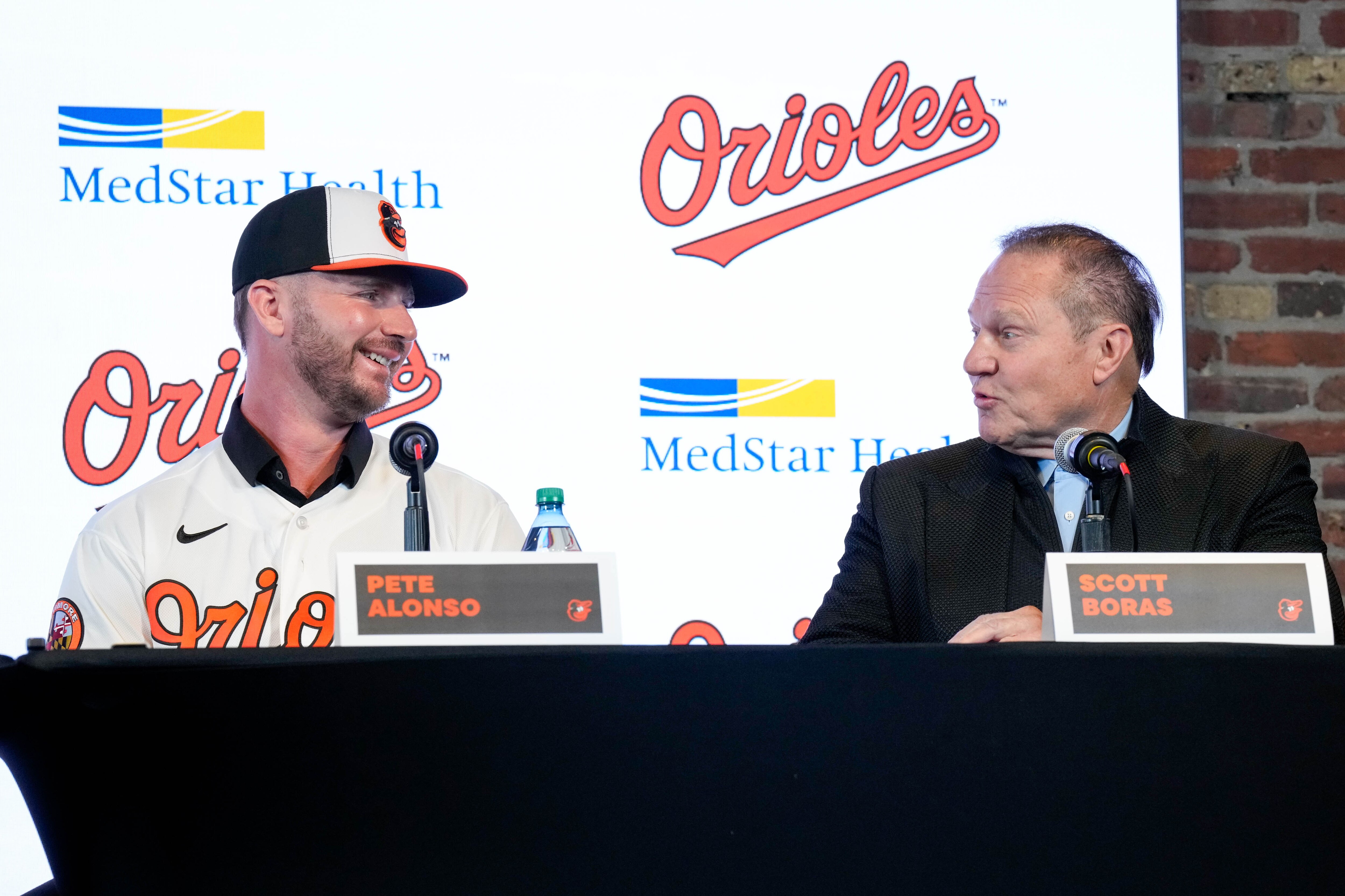 Agent Scott Boras, right, appearing alongside Pete Alonso at Friday’s news conference, said his other clients on the team are enthusiastic about the direction of the Orioles. 