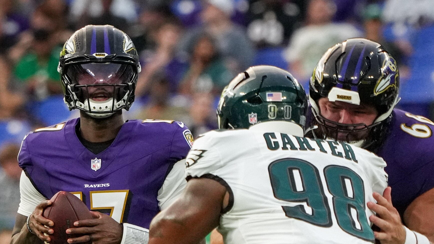Baltimore Ravens quarterback Josh Johnson (17) drops back for a pass during the team’s preseason game against the Philadelphia Eagles at M&T Bank Stadium in Baltimore on Friday, August 09, 2024.