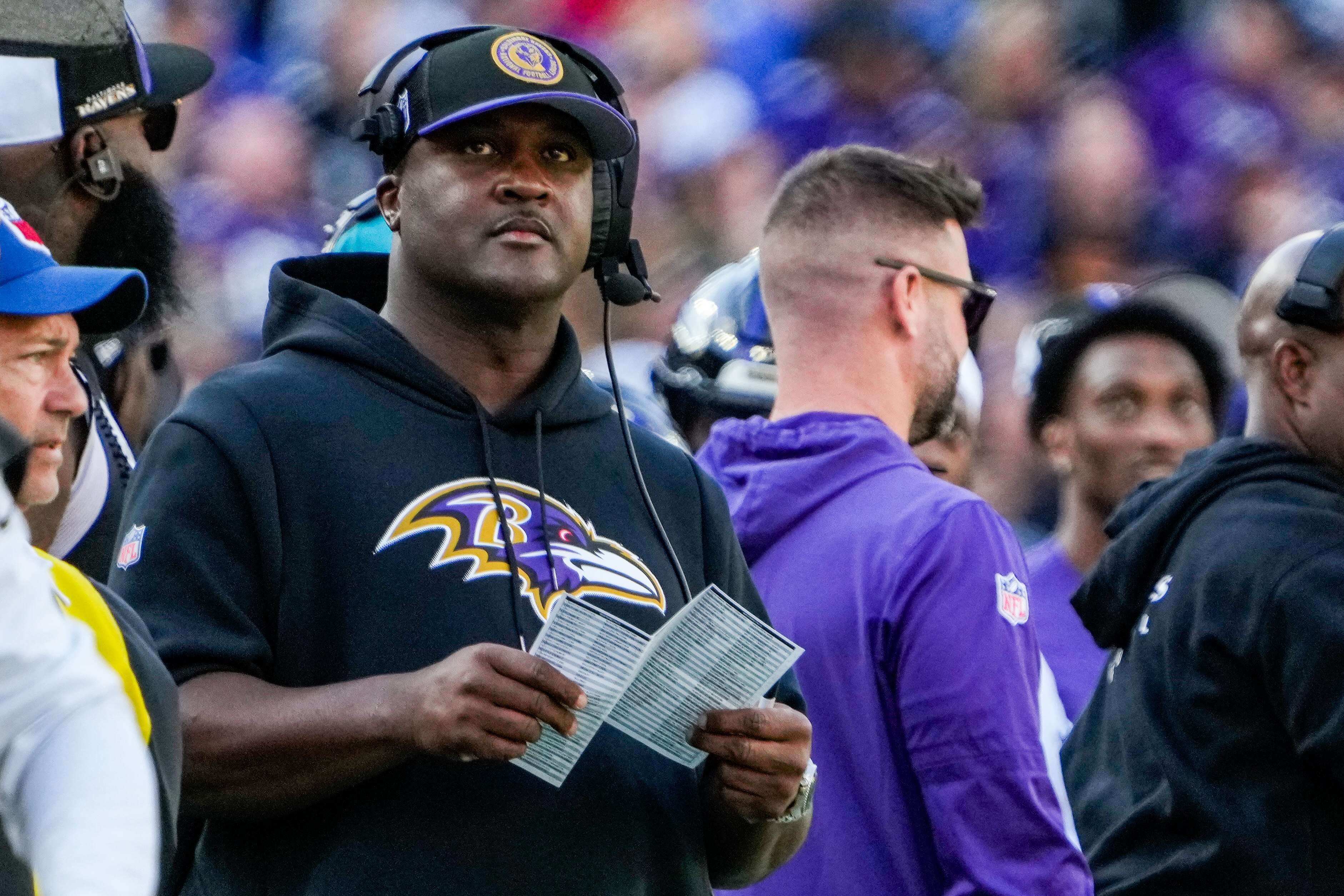 Baltimore Ravens Quarterbacks Coach Tee Martin watches the game against the Seattle Seahawks at M&T Bank Stadium on Sunday, Nov. 5, 2023.