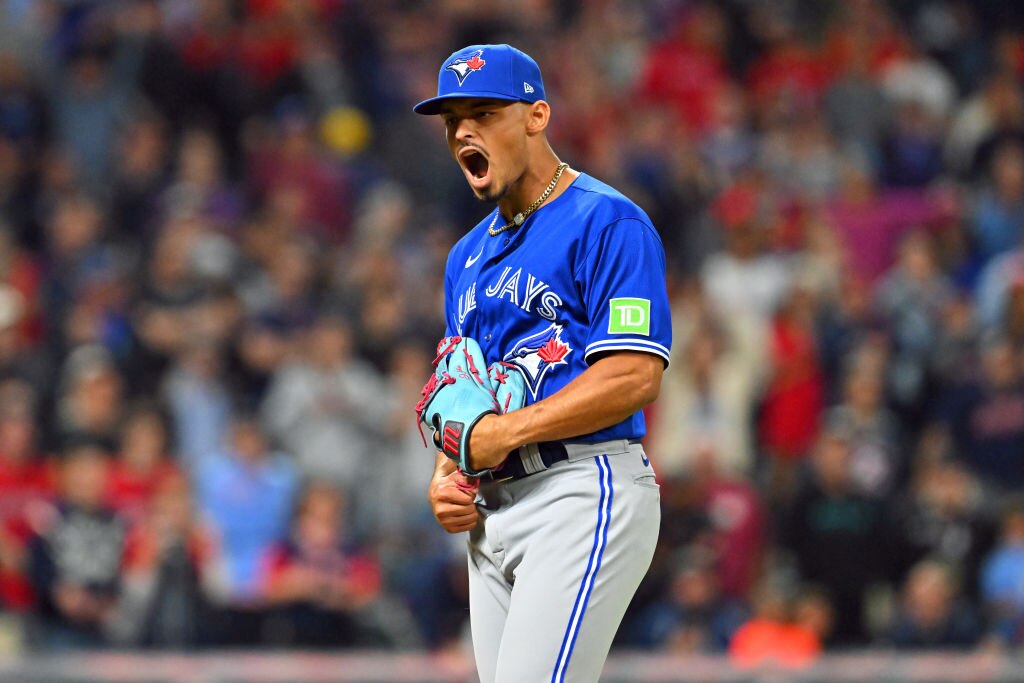 Closer Jordan Hicks #12 of the Toronto Blue Jays reacts after getting the final out against the Cleveland Guardians at Progressive Field on Aug. 7, 2023 in Cleveland, Ohio.