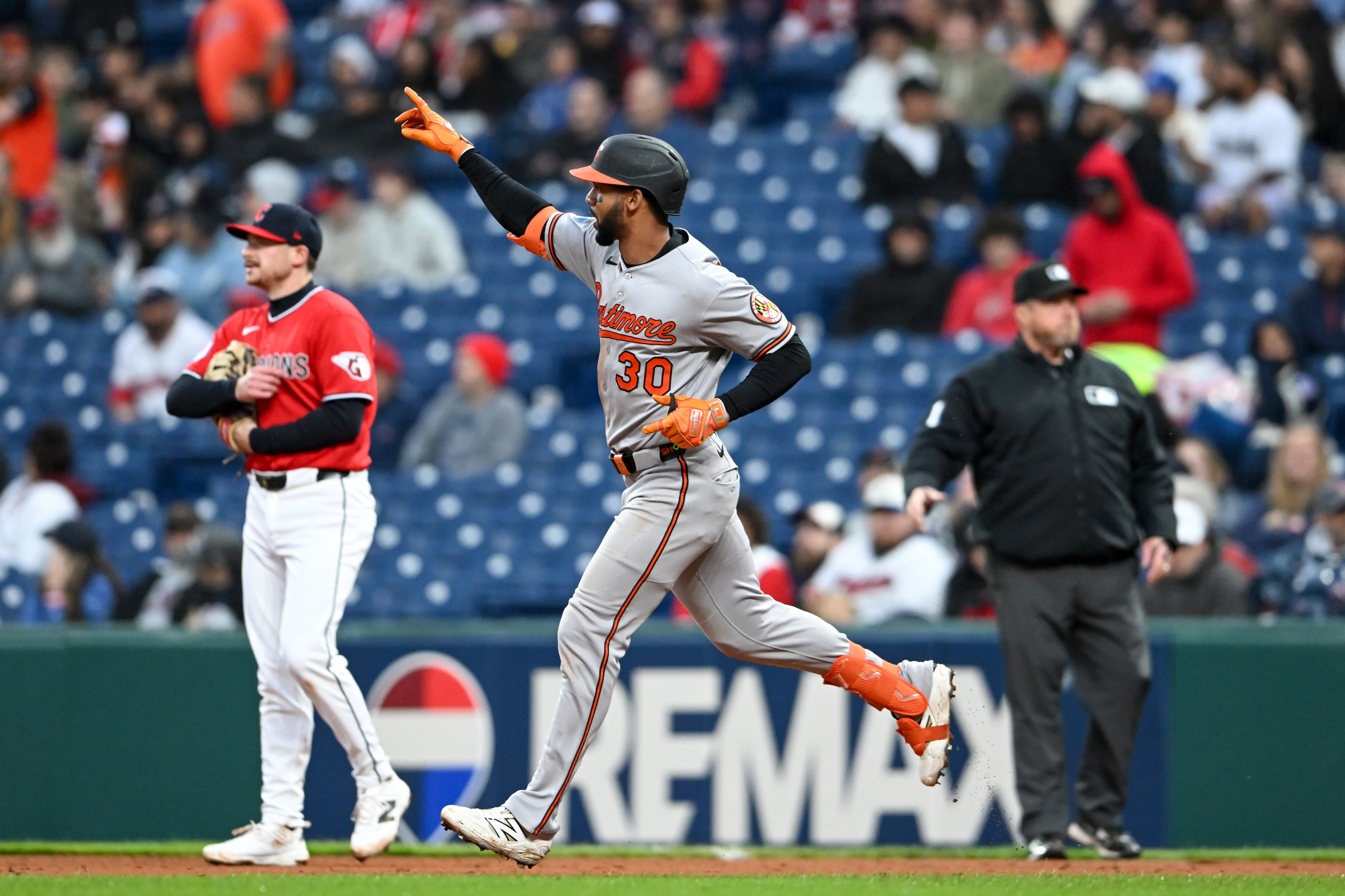 Outfielder Leody Taveras hit his first Orioles home run in the fourth inning Saturday night in Cleveland.