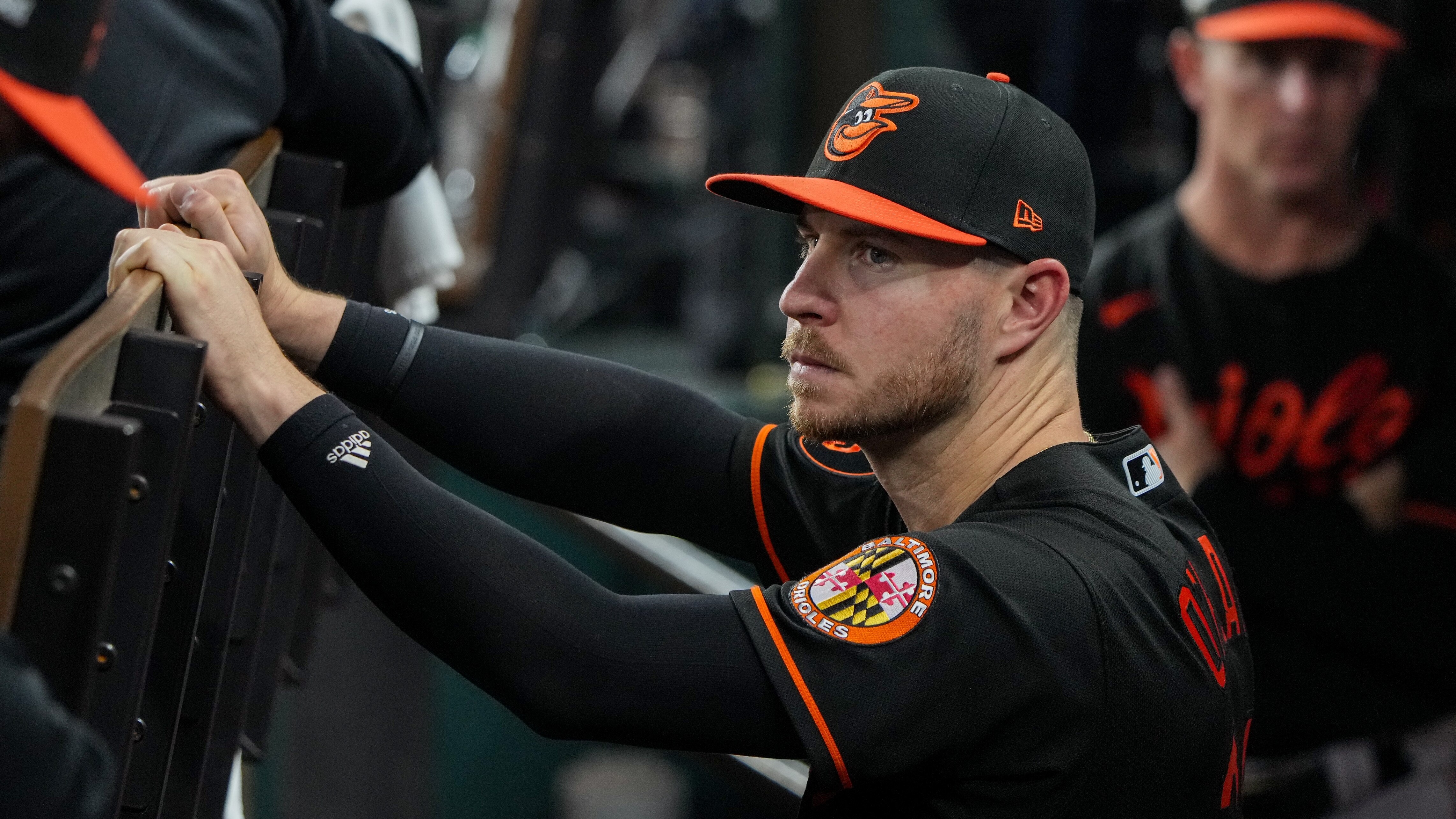 Baltimore Orioles first baseman Ryan O'Hearn watches the game from the dugout during Game 3 of the American League Divisional Series against the Texas Rangers at Globe Life Field in Arlington, Tex. on Tuesday, October 10, 2023.