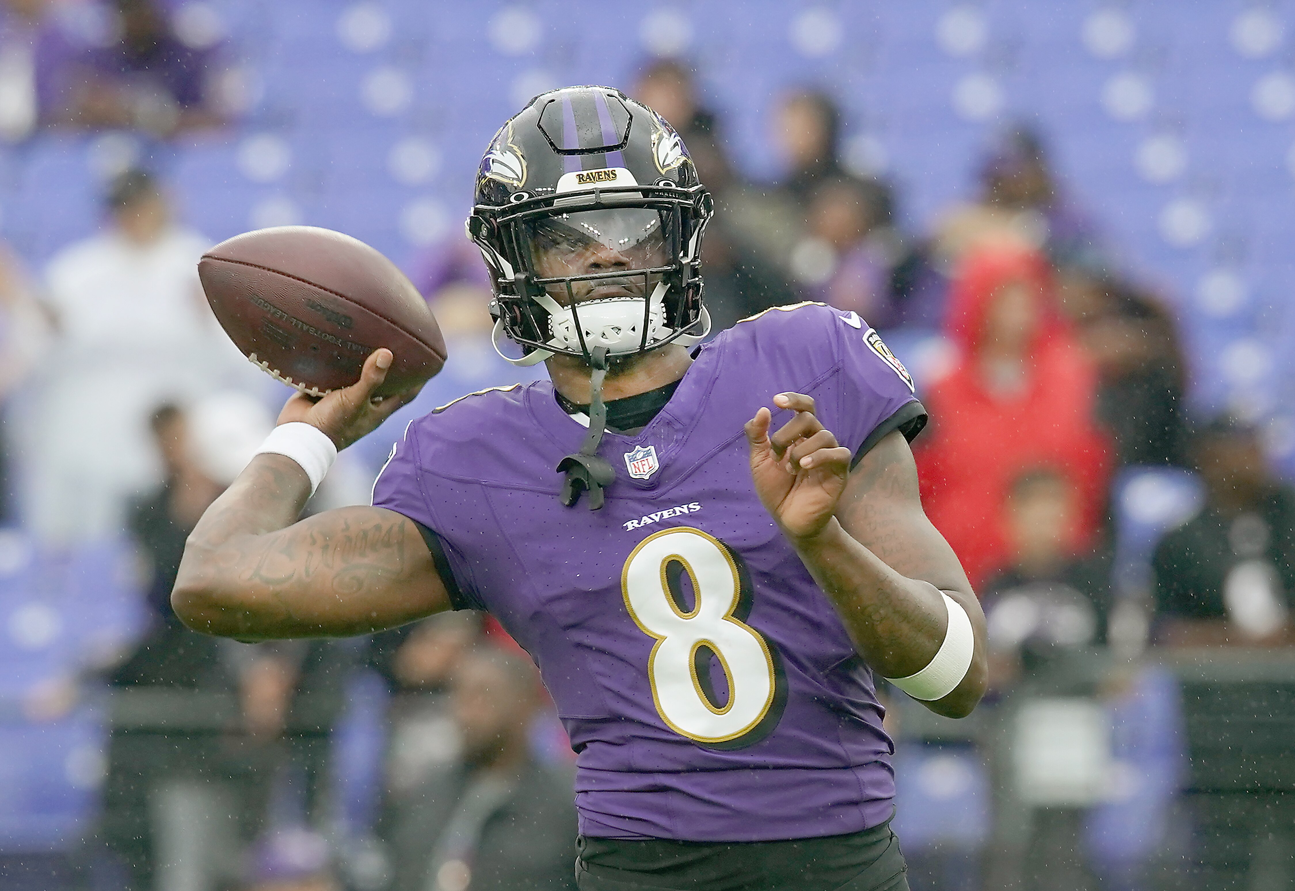 Baltimore Ravens quarterback Lamar Jackson (8) during pregame warmup in a game against the Indianapolis Colts at M&T Bank Stadium on Sunday, Sept. 24, 2023.