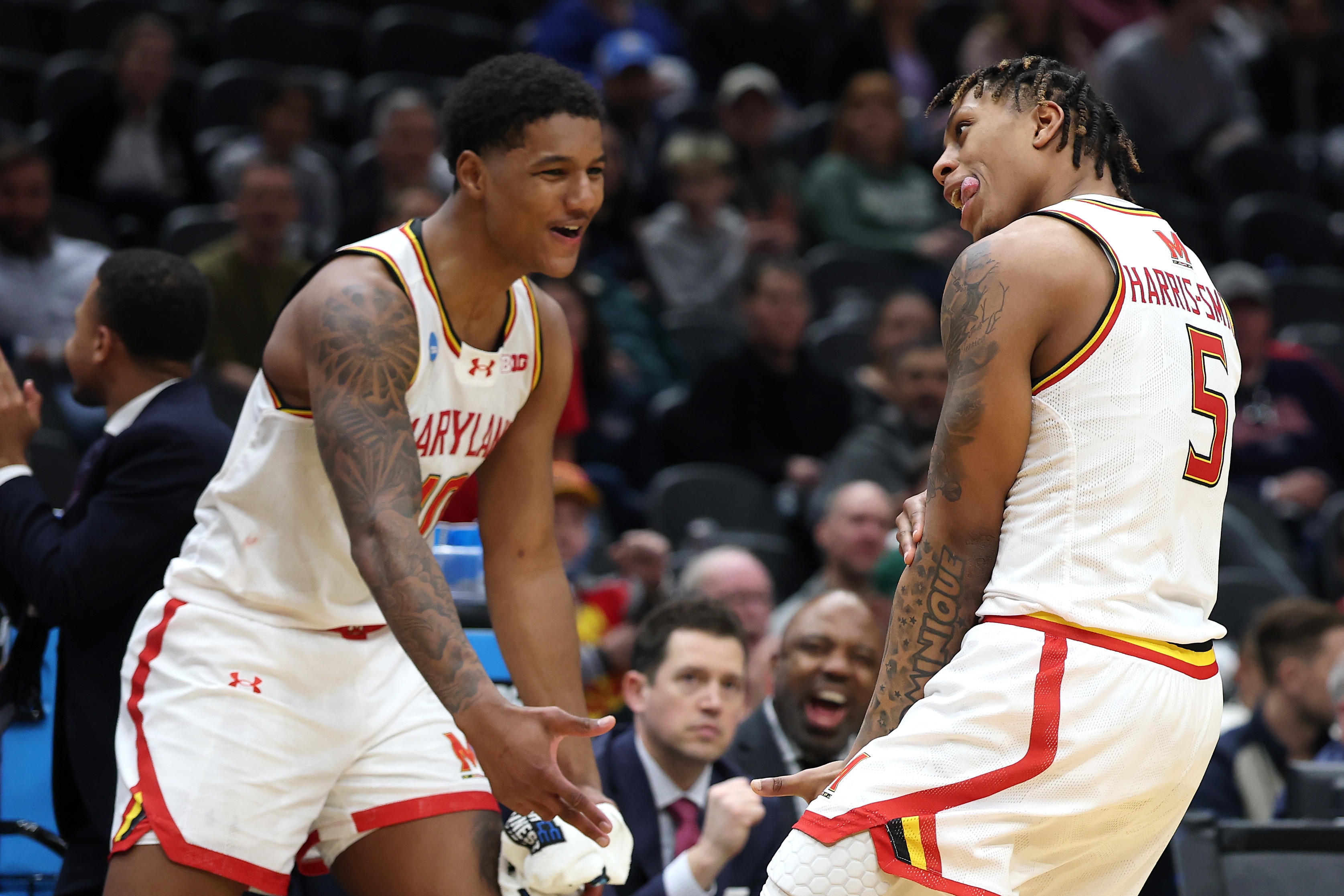 Julian Reese, left, and DeShawn Harris-Smith celebrate during Maryland’s opening-round win over Grand Canyon in the NCAA tournament.