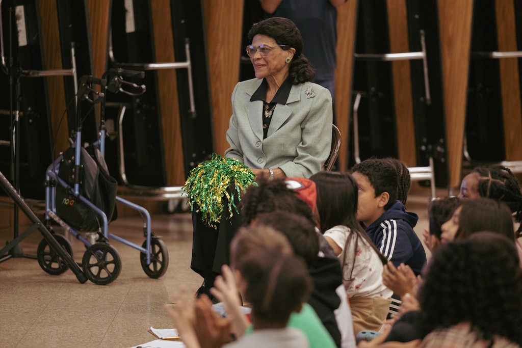 Estelle Moore is surprised during a morning assembly program at Greencastle Elementary School by school officials, former students, family, and national education leadership who gathered to recognize her 52 years in education during Teacher Appreciation Week.