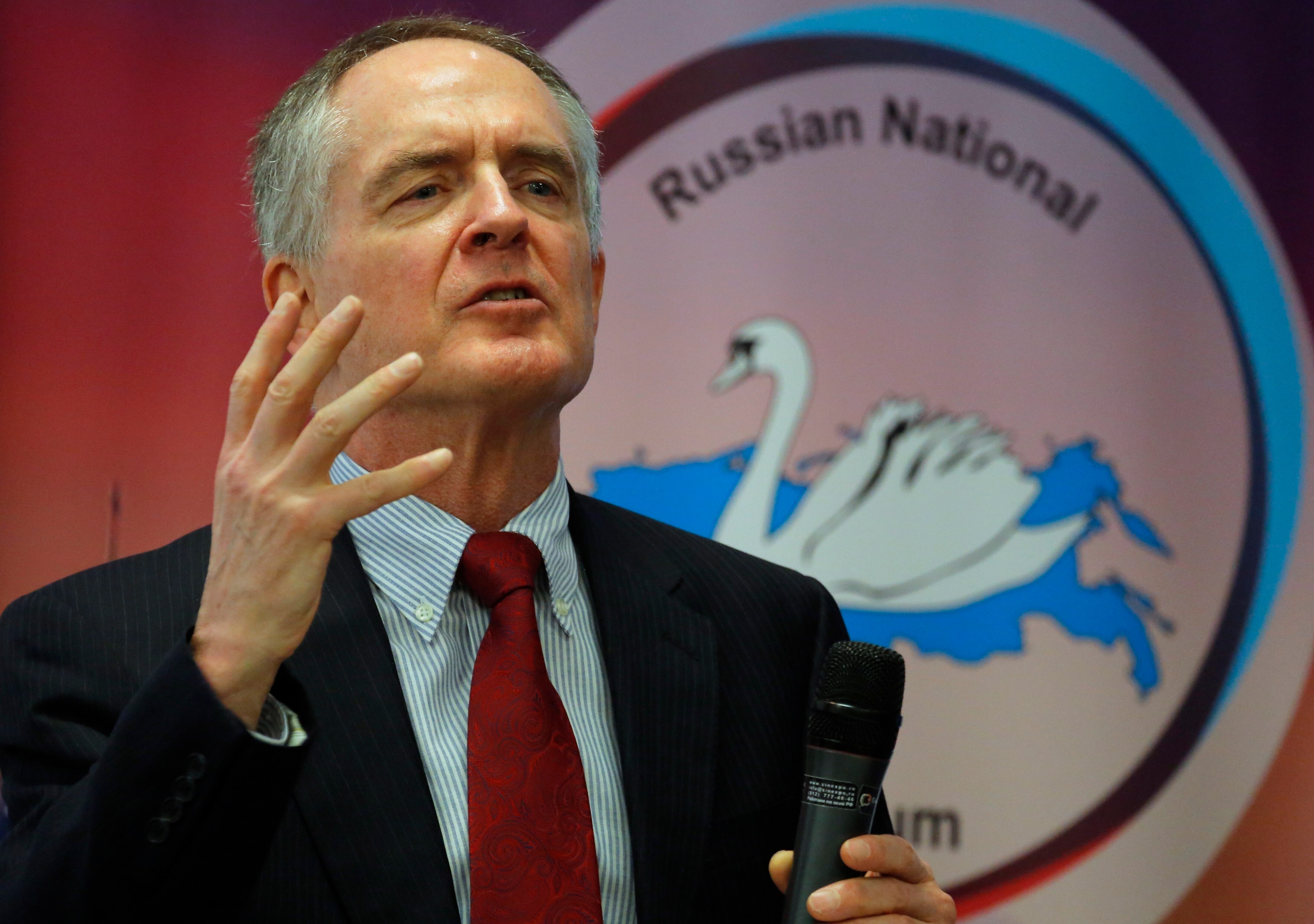 In this March 22, 2015 file photo,  Jared Taylor speaks during the International Russian Conservative Forum in St.Petersburg, Russia.