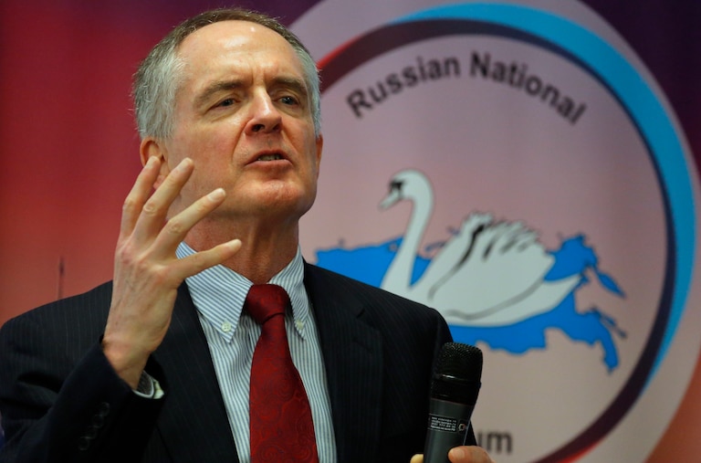 In this March 22, 2015 file photo, Jared Taylor speaks during the International Russian Conservative Forum in St.Petersburg, Russia.