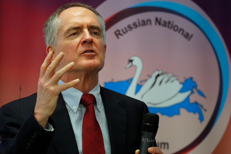 In this March 22, 2015 file photo, Jared Taylor speaks during the International Russian Conservative Forum in St.Petersburg, Russia.