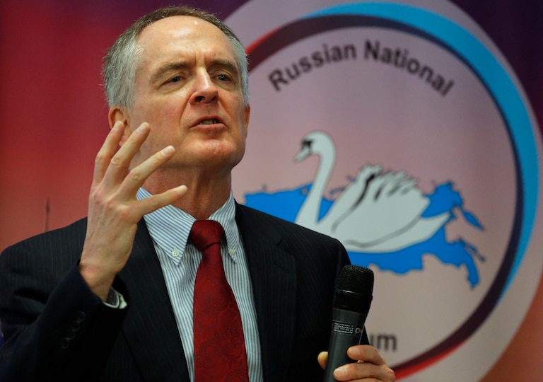 In this March 22, 2015 file photo, Jared Taylor speaks during the International Russian Conservative Forum in St.Petersburg, Russia.