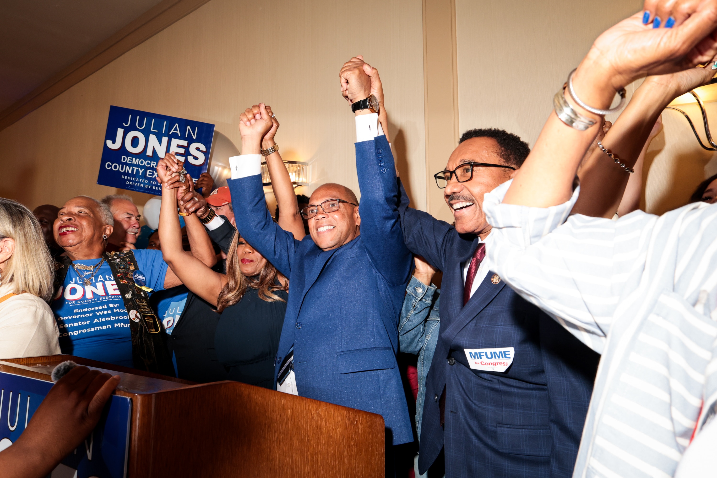 Julian Jones addresses supporters at his primary watch party at the Sheraton Baltimore North Hotel in Towson on Tuesday evening.