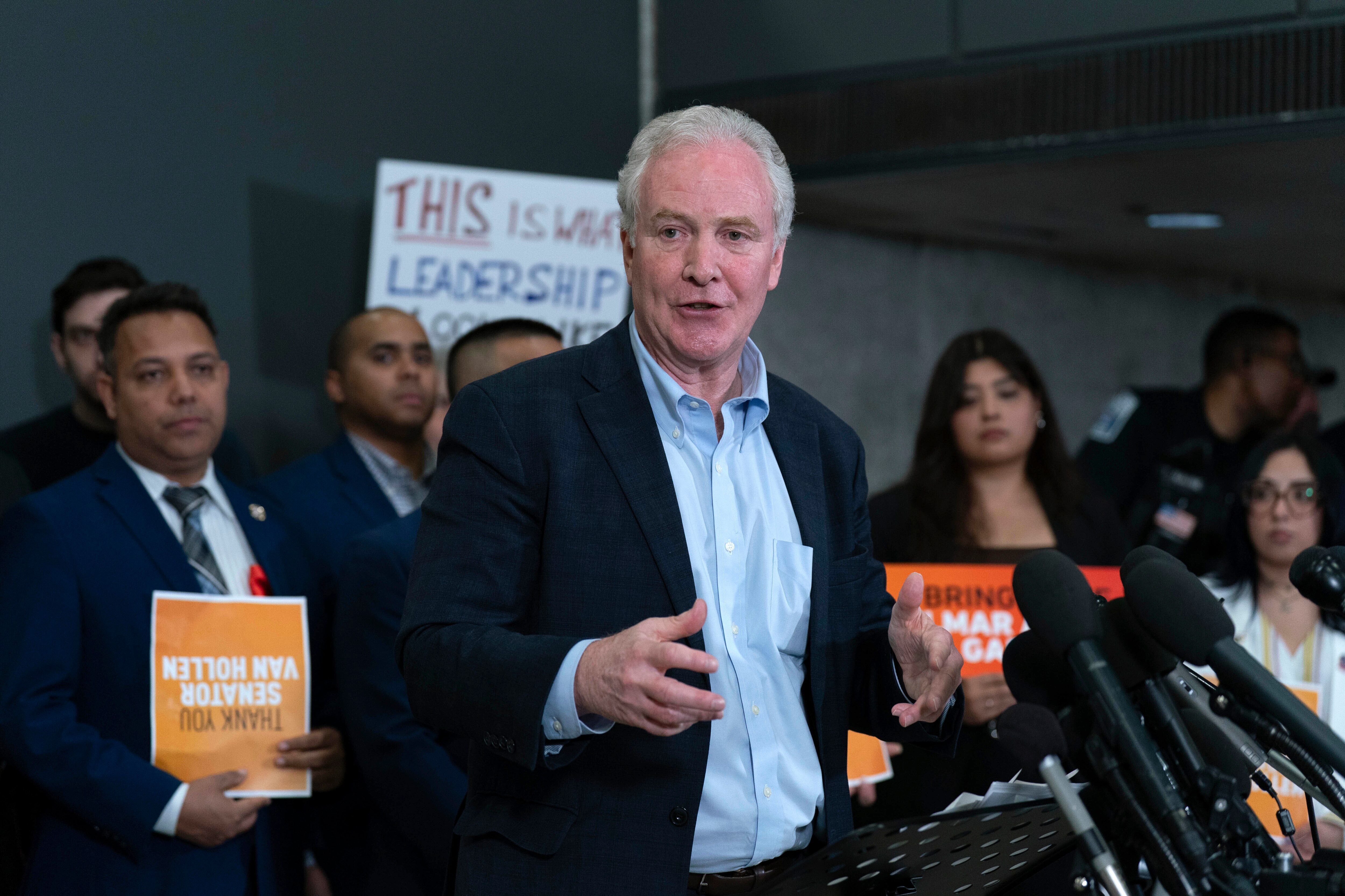 Sen. Chris Van Hollen, D-Md., speaks during a news conference upon his arrival from meeting with Kilmar Abrego Garcia in El Salvador, at Washington Dulles International Airport, in Chantilly, Va., Friday, April 18, 2025. (AP Photo/Jose Luis Magana)