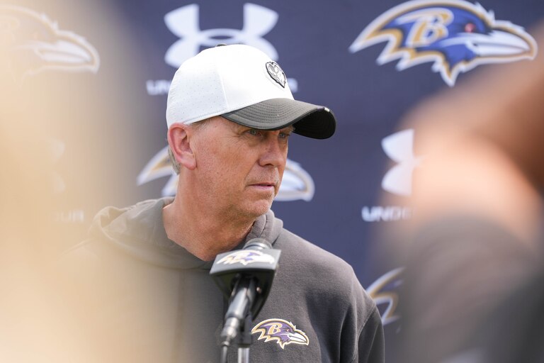 Baltimore Ravens offensive coordinator Todd Monken takes questions from reporters following the team’s organized team activities at the Under Armour Performance Center in Owings Mills, Md. on Tuesday, June 3, 2025.