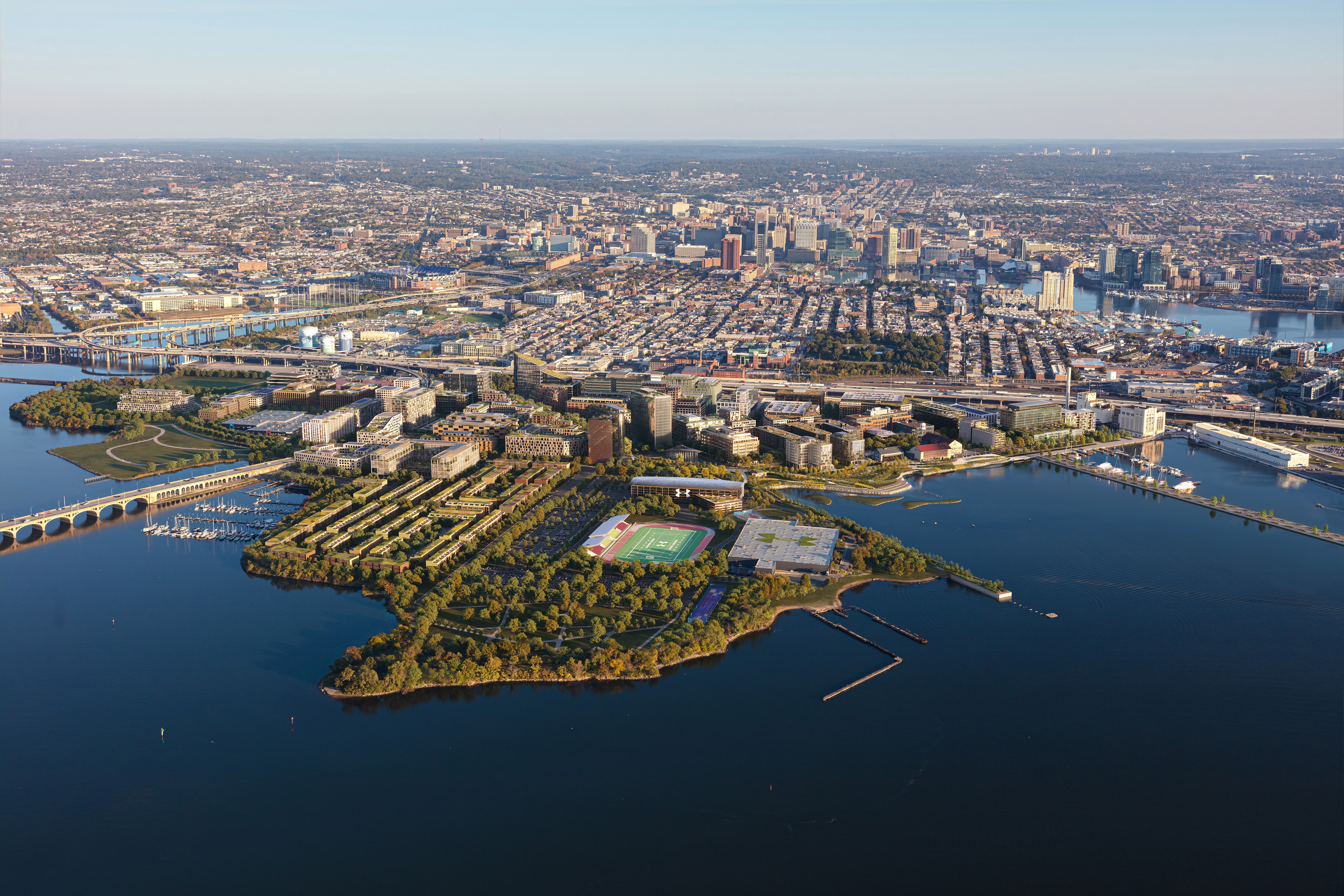 Digital rendering shows hypothetical aerial view of Baltimore Peninsula with new development, with Federal Hill, Inner Harbor and rest of Baltimore City in background.