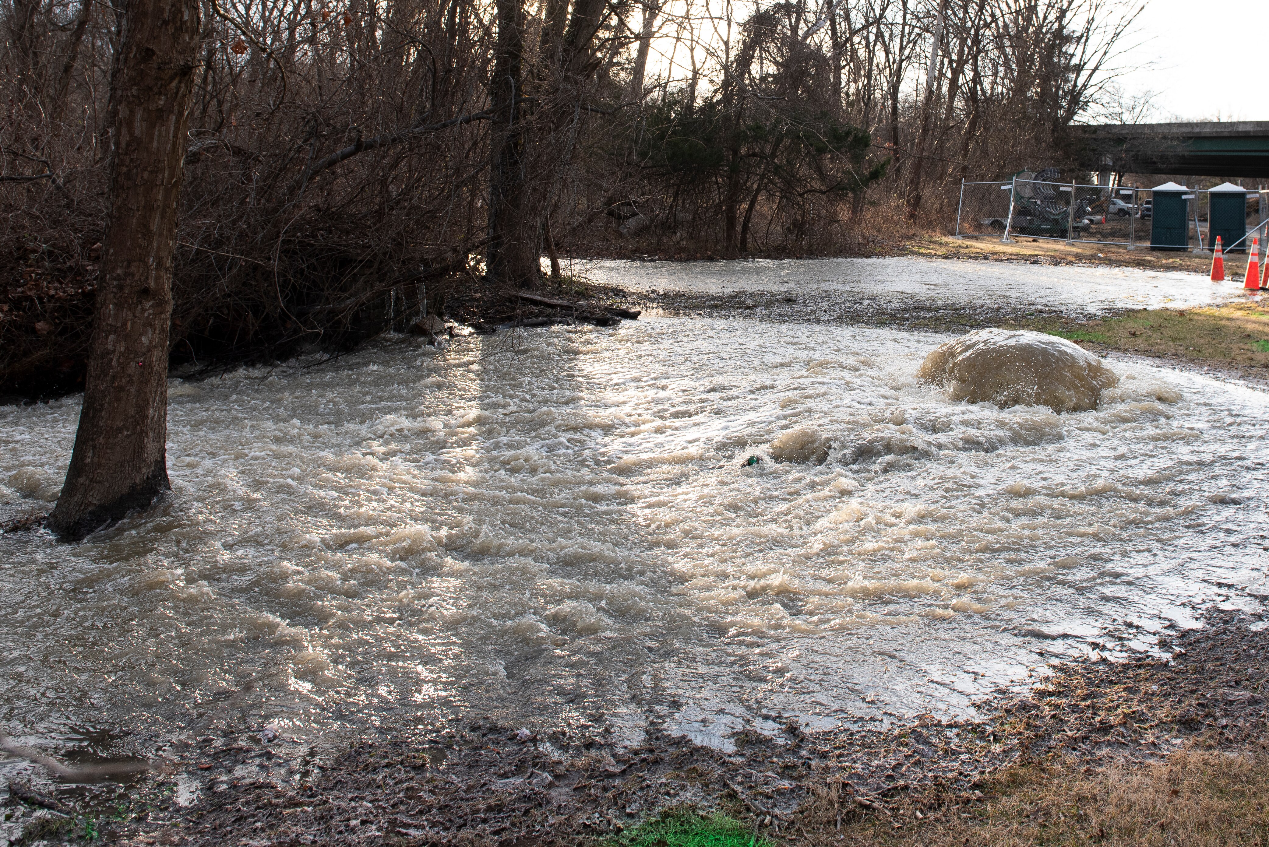 Raw sewage flows into the Potomac River after a massive sewage pipe rupture in Glen Echo, Md., Friday, Jan. 23, 2026.