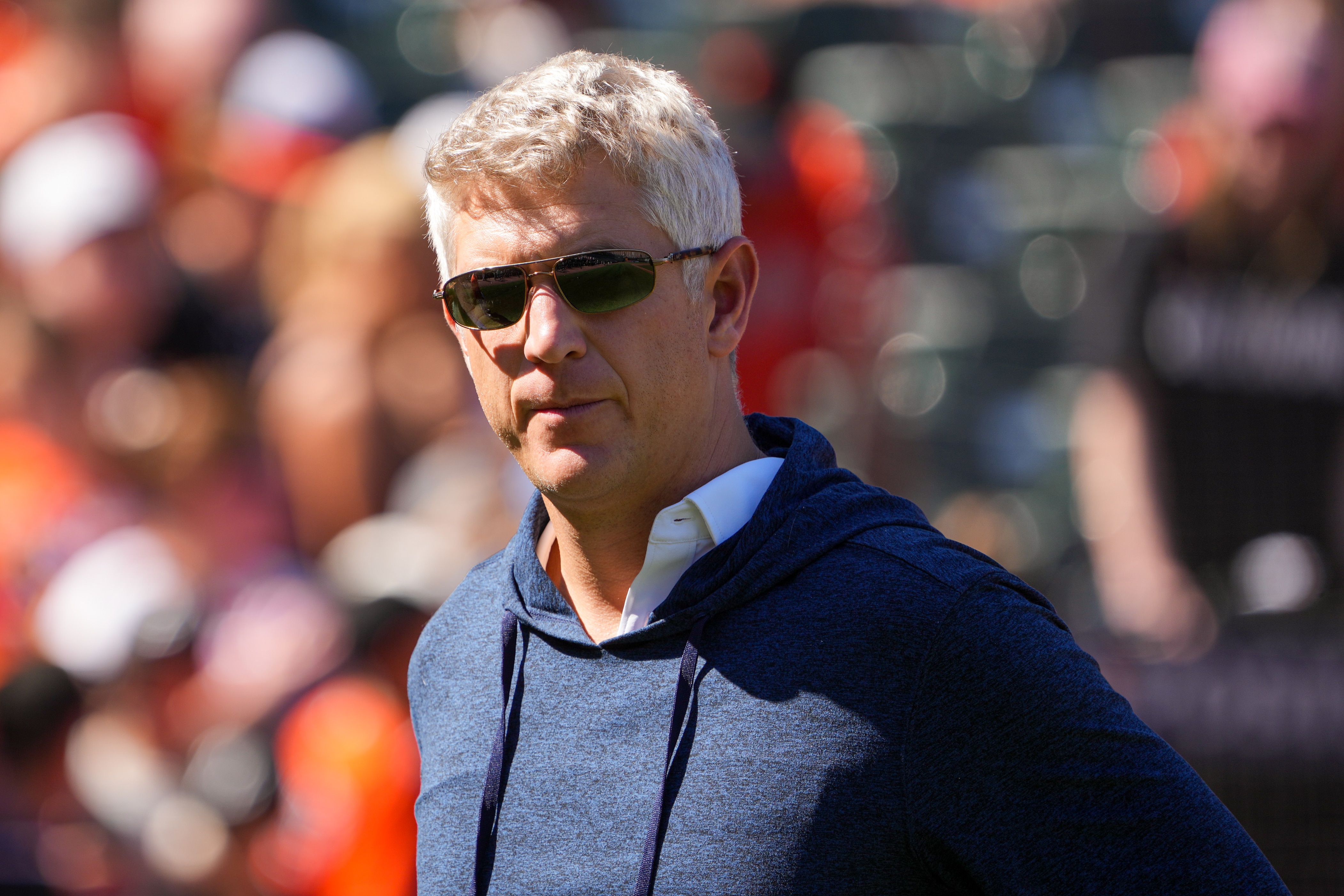 Baltimore Orioles general manager Mike Elias observes an open practice at Camden Yards on Wednesday, Oct. 4, 2023. The Baltimore Orioles are preparing for their first postseason game in the ALDS against the Texas Rangers on Saturday.
