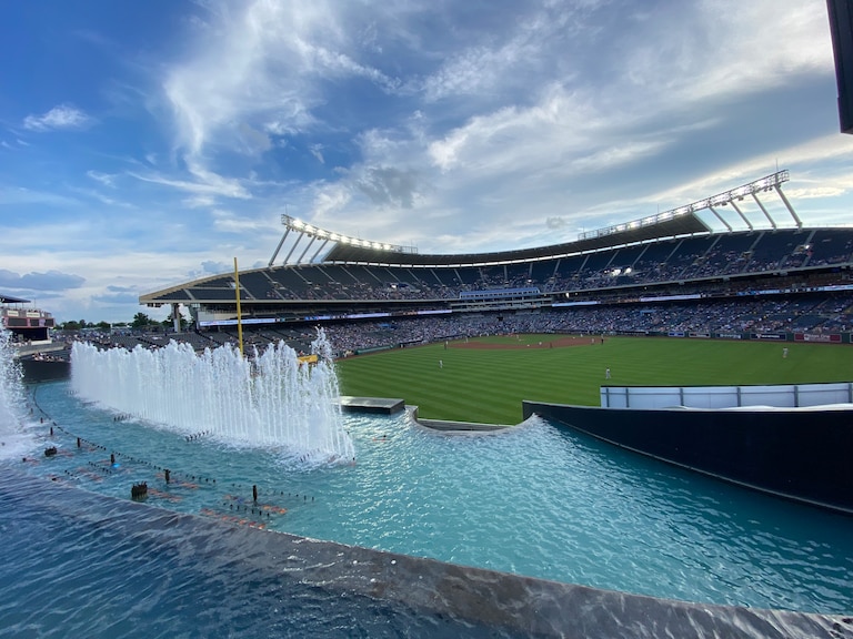 The fountains in center field at Kauffman stadium make this quite a beautiful view.