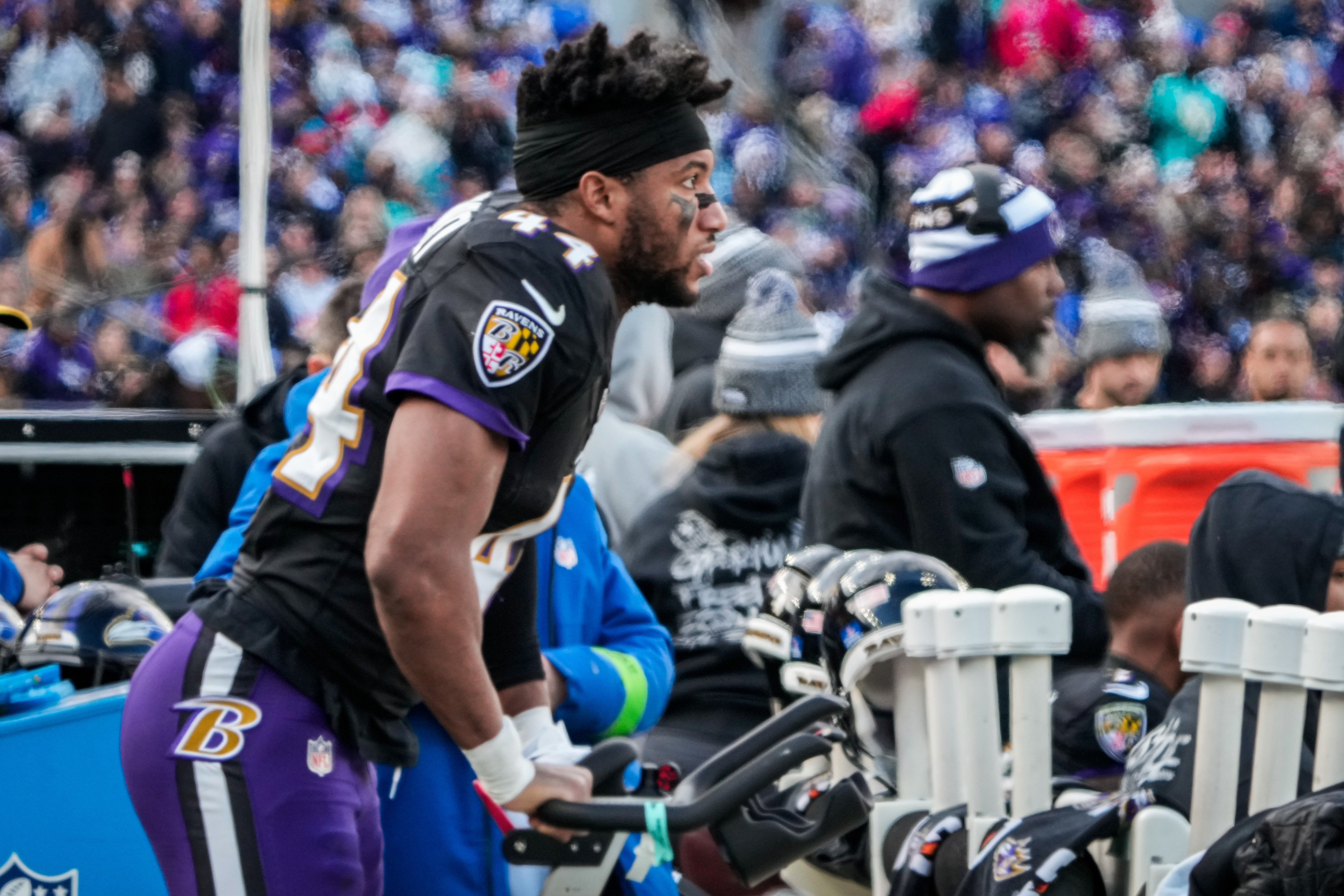 Ravens cornerback Marlon Humphrey exercises on a bike during the Week 17 game against the Dolphins. That was the last time Humphrey played.