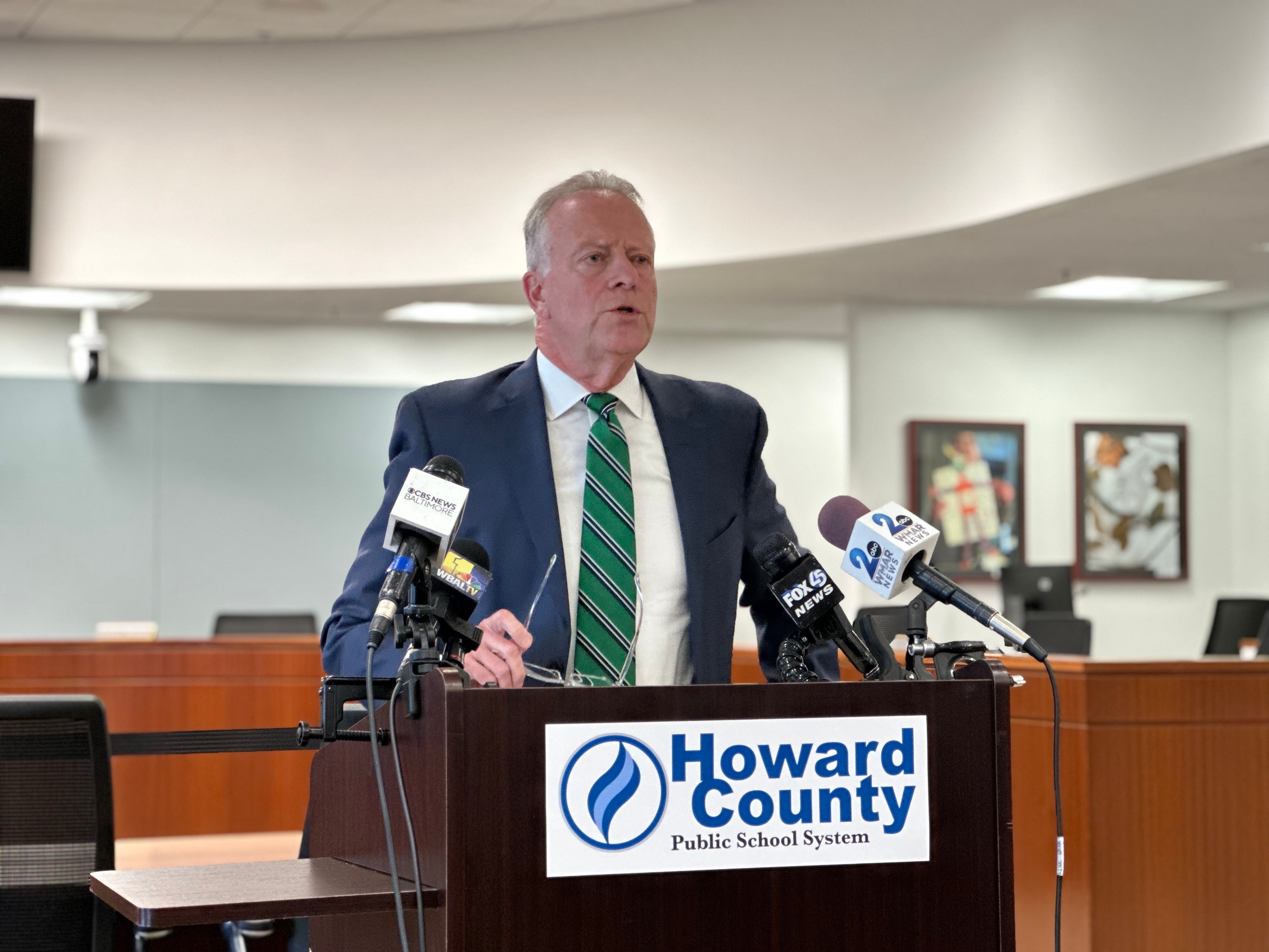 Howard County Public School System Superintendent Michael Martirano answers questions at a press conference on Aug. 30 to address issues with the county's school buses.
