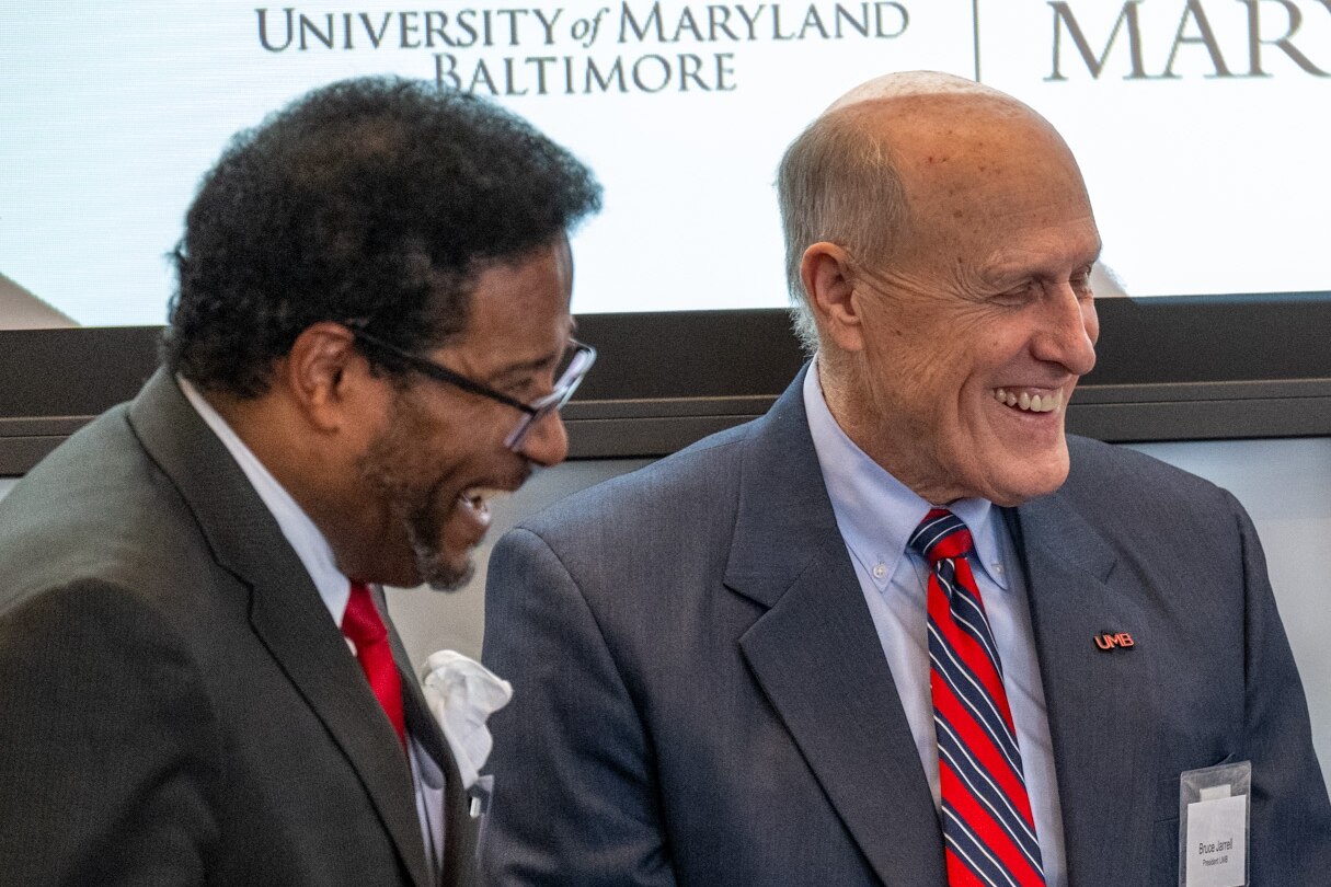 University of Maryland president Darryll J. Pines, from left, University of Maryland Baltimore president Dr. Bruce E. Jarrell share a laugh before the announcement of the Edward and Jennifer St. John Center for Translational Engineering and Medicine in the new 4MLK building located in the University of Maryland BioPark.